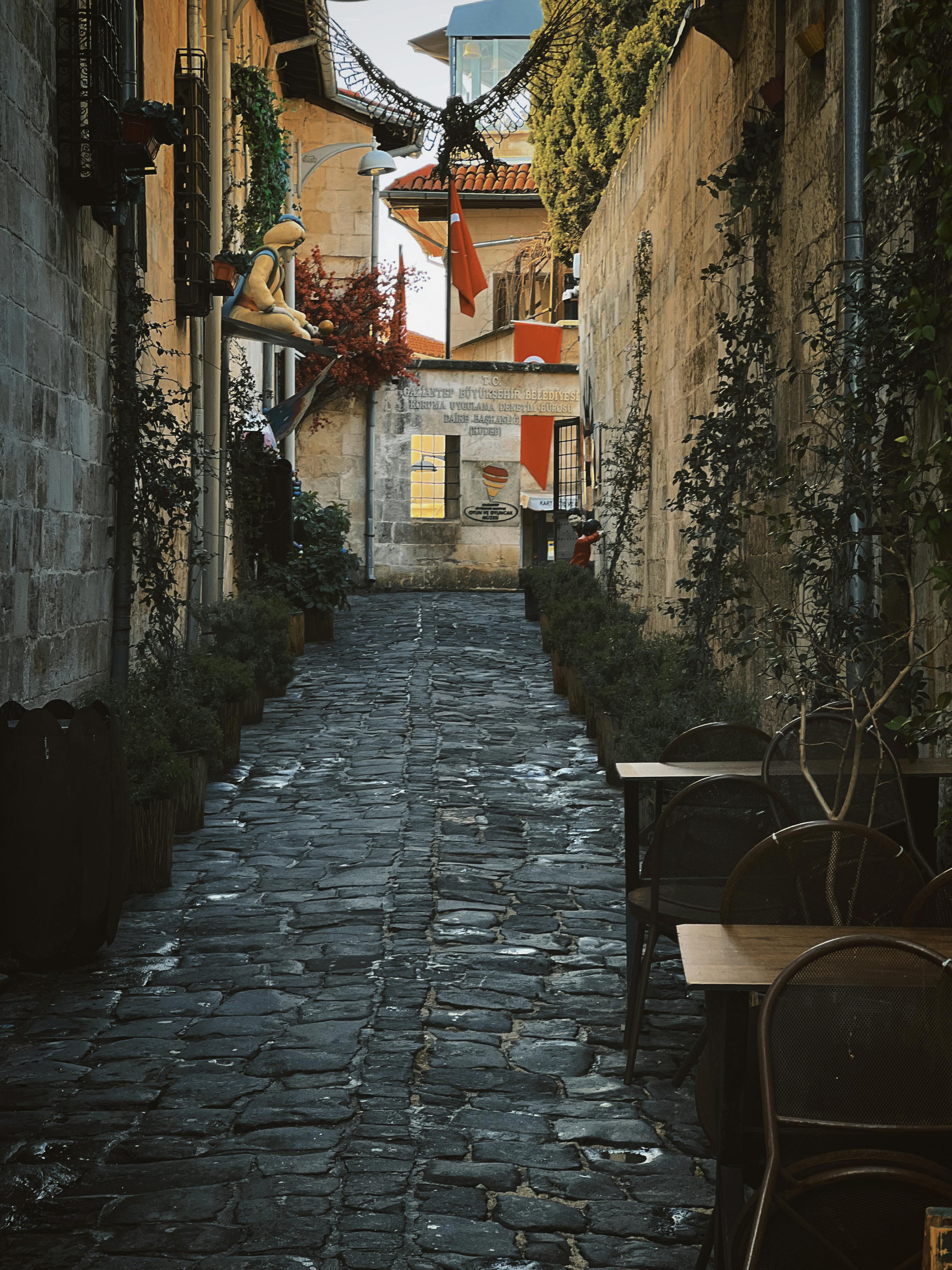 ingyenes Borostyánnal borított falakkal és üres kávézói asztalokkal szegélyezett, történelmi bájt árasztó, rusztikus sikátor. Stockfotó