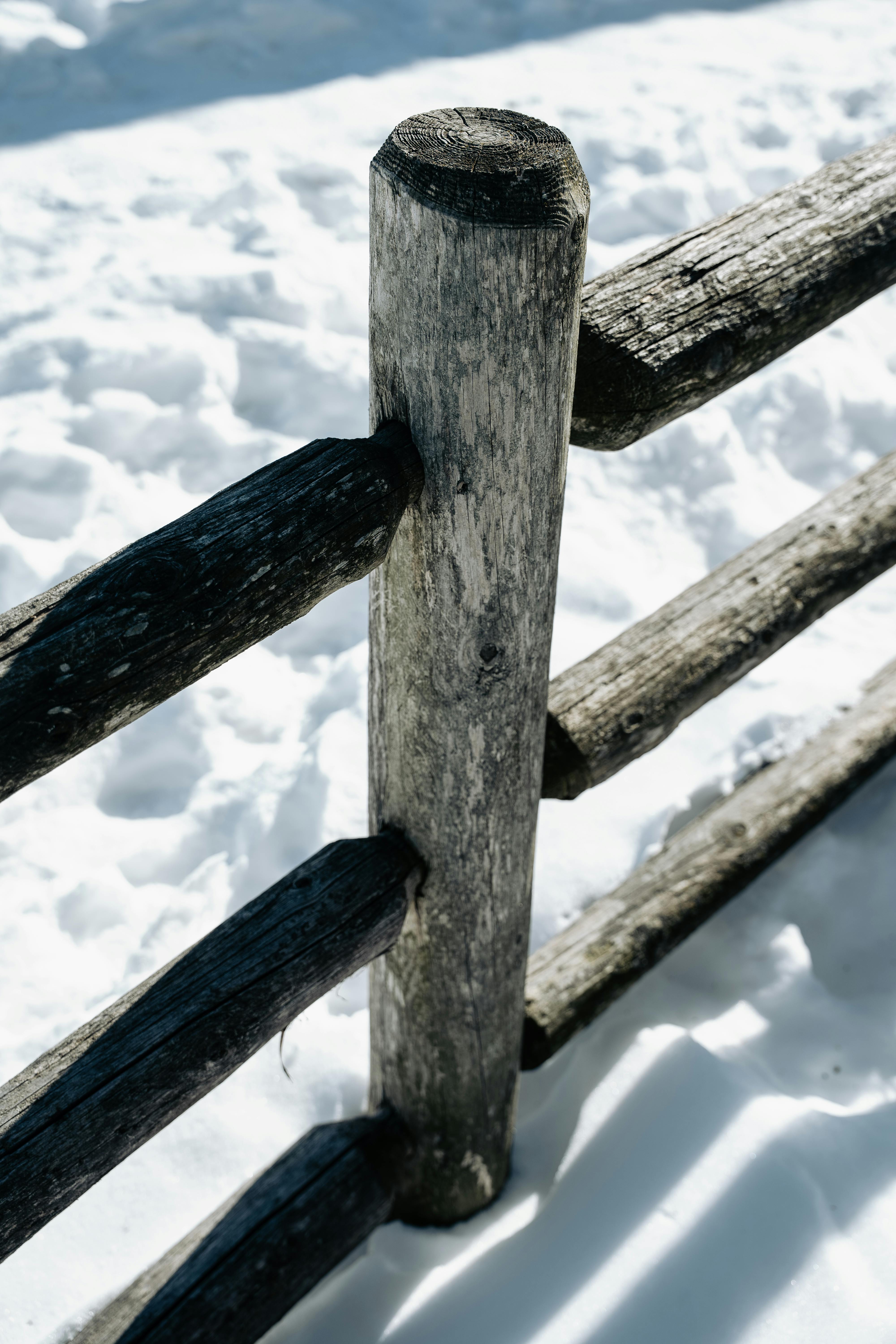 Gratis Primo piano di una rustica staccionata in legno su uno sfondo innevato, che cattura l'essenza dell'inverno. Foto a disposizione