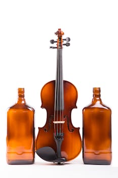 Studio shot of a violin flanked by two amber bottles on a white background.