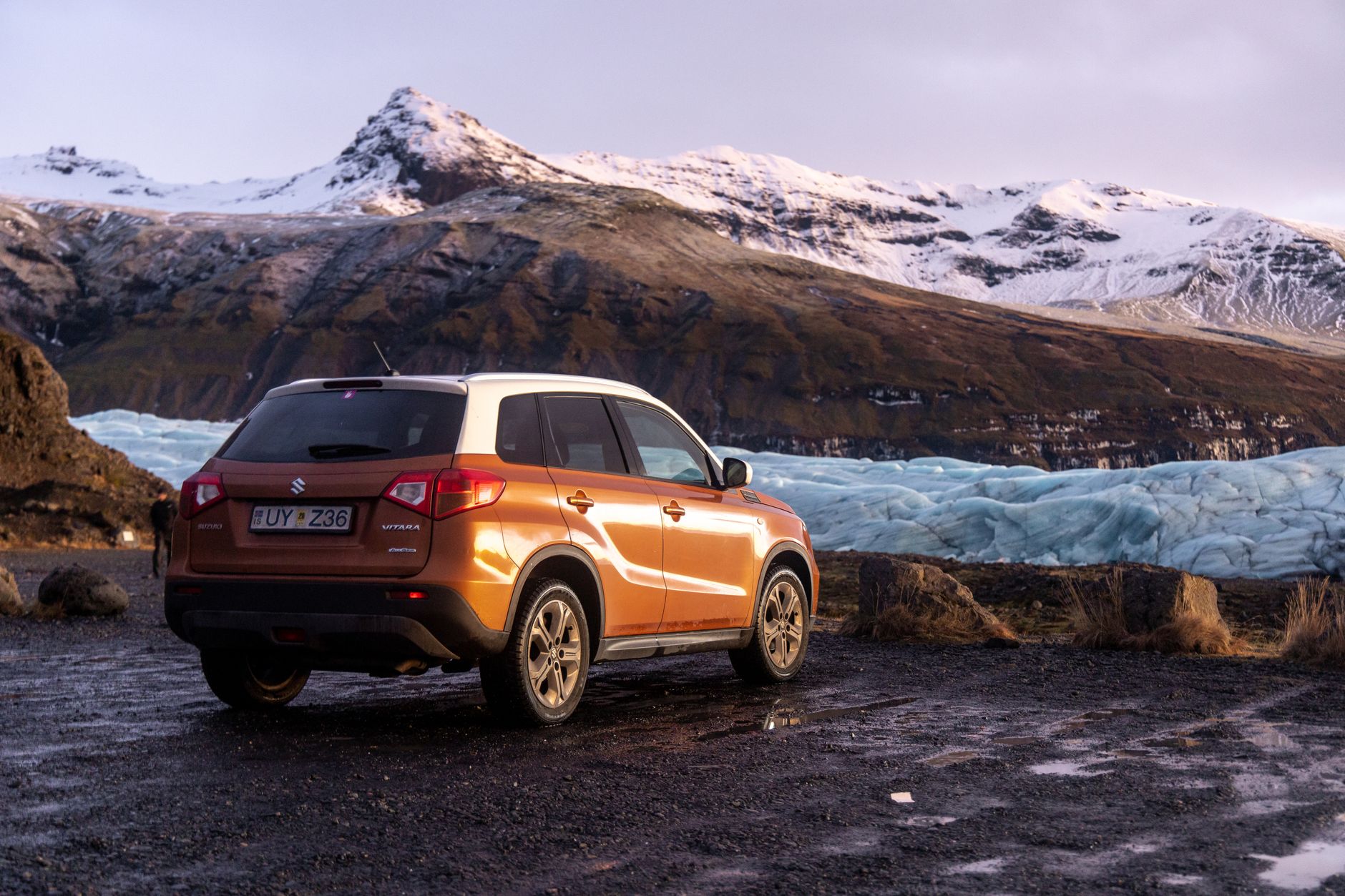 4x4 rental car on a snowy Ring Road in Iceland