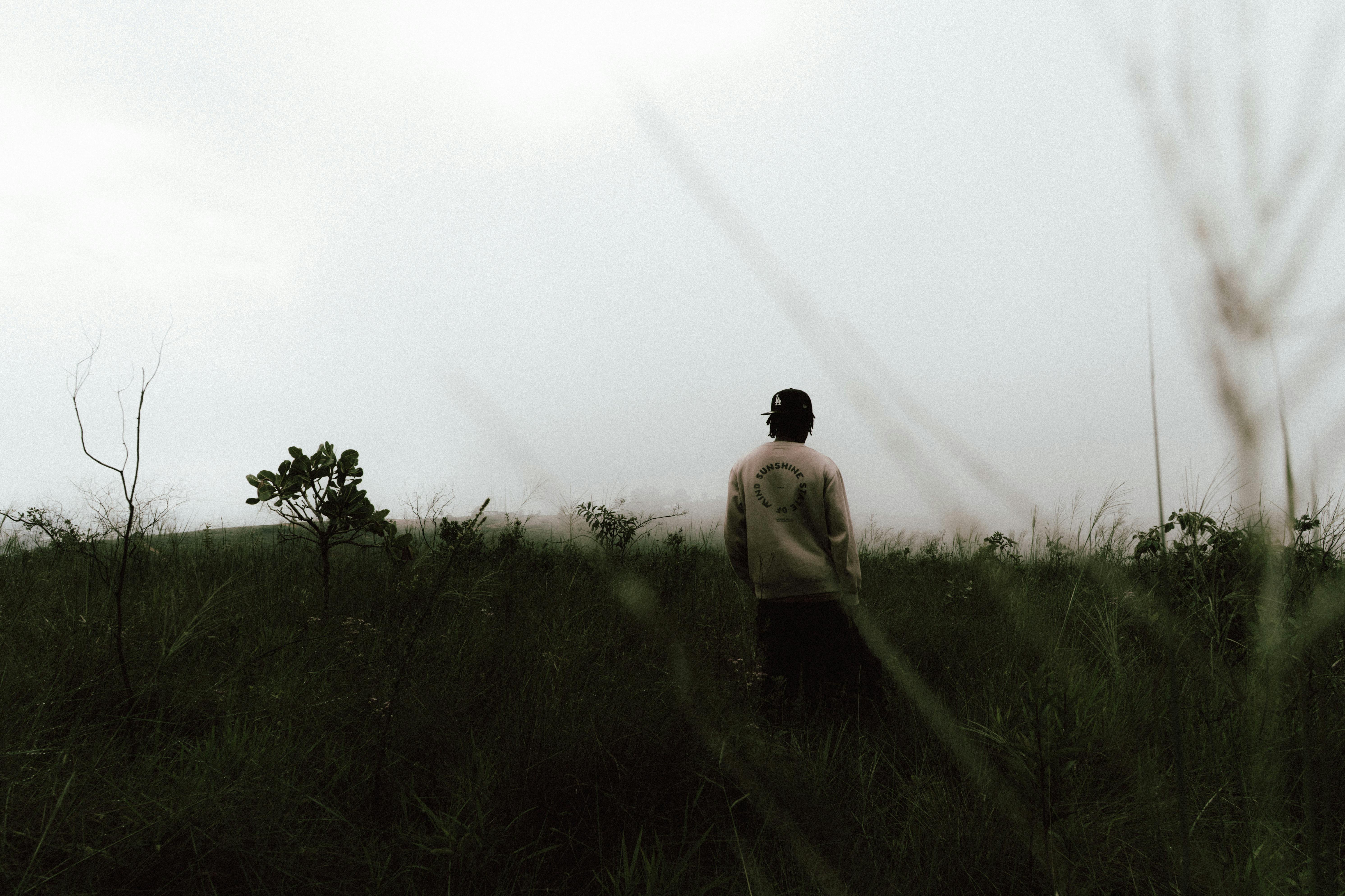 A person stands alone in a misty open field, creating a sense of solitude.