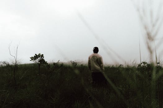 A person stands alone in a misty open field, creating a sense of solitude.