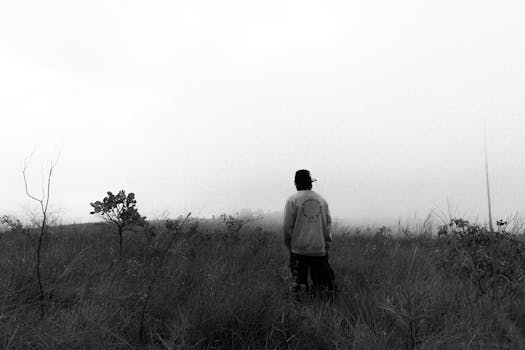 A lone figure stands in a misty grassland landscape in Sete Lagoas, Brazil.