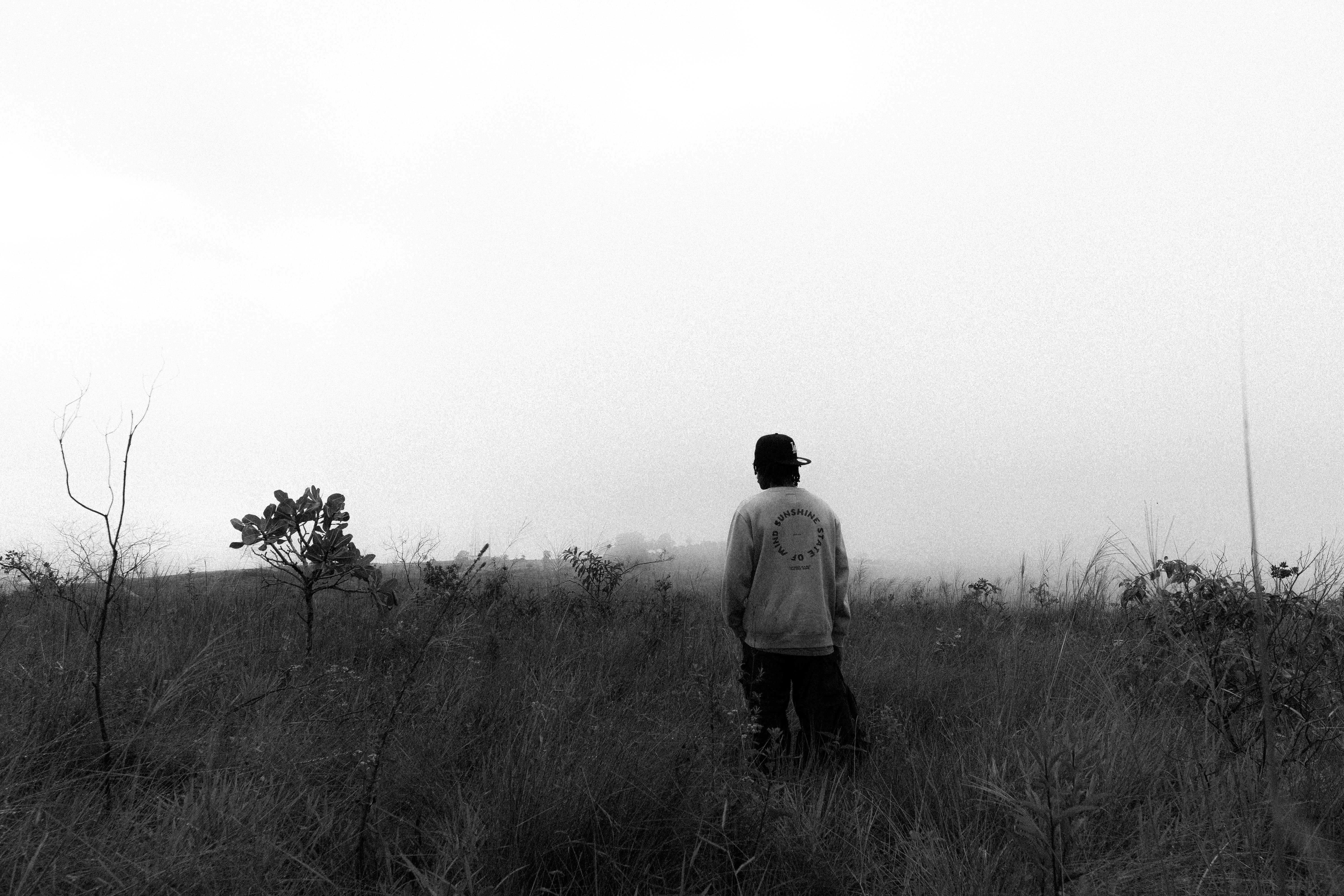 ingyenes Egy magányos alak áll egy ködös füves tájon Sete Lagoasban, Brazíliában. Stockfotó
