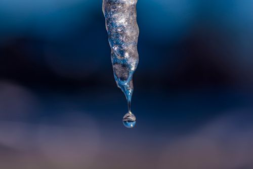 Free Detailed view of a melting icicle with water droplet against a blurred blue background. Stock Photo