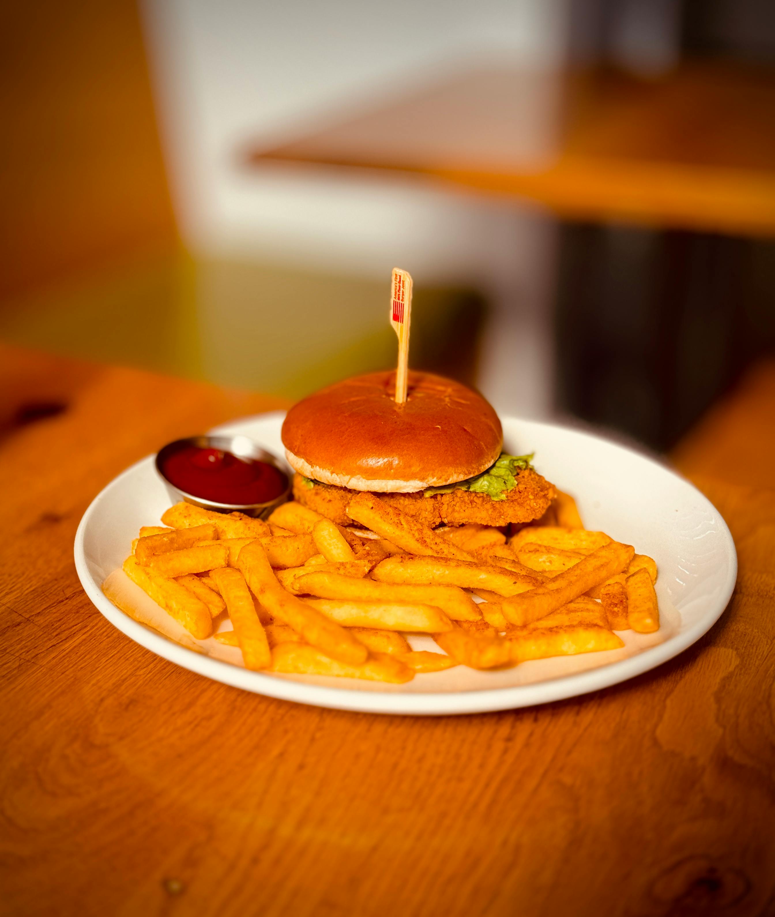 Gratis En smakfull burger og sprø pommes frites på en hvit tallerken med ketchupdipp, perfekt for matelskere. Arkivbilde