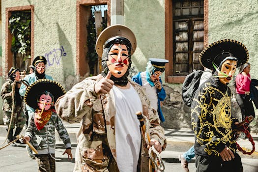 Vibrant costumed participants in a traditional street parade in Pachuca de Soto, Mexico.