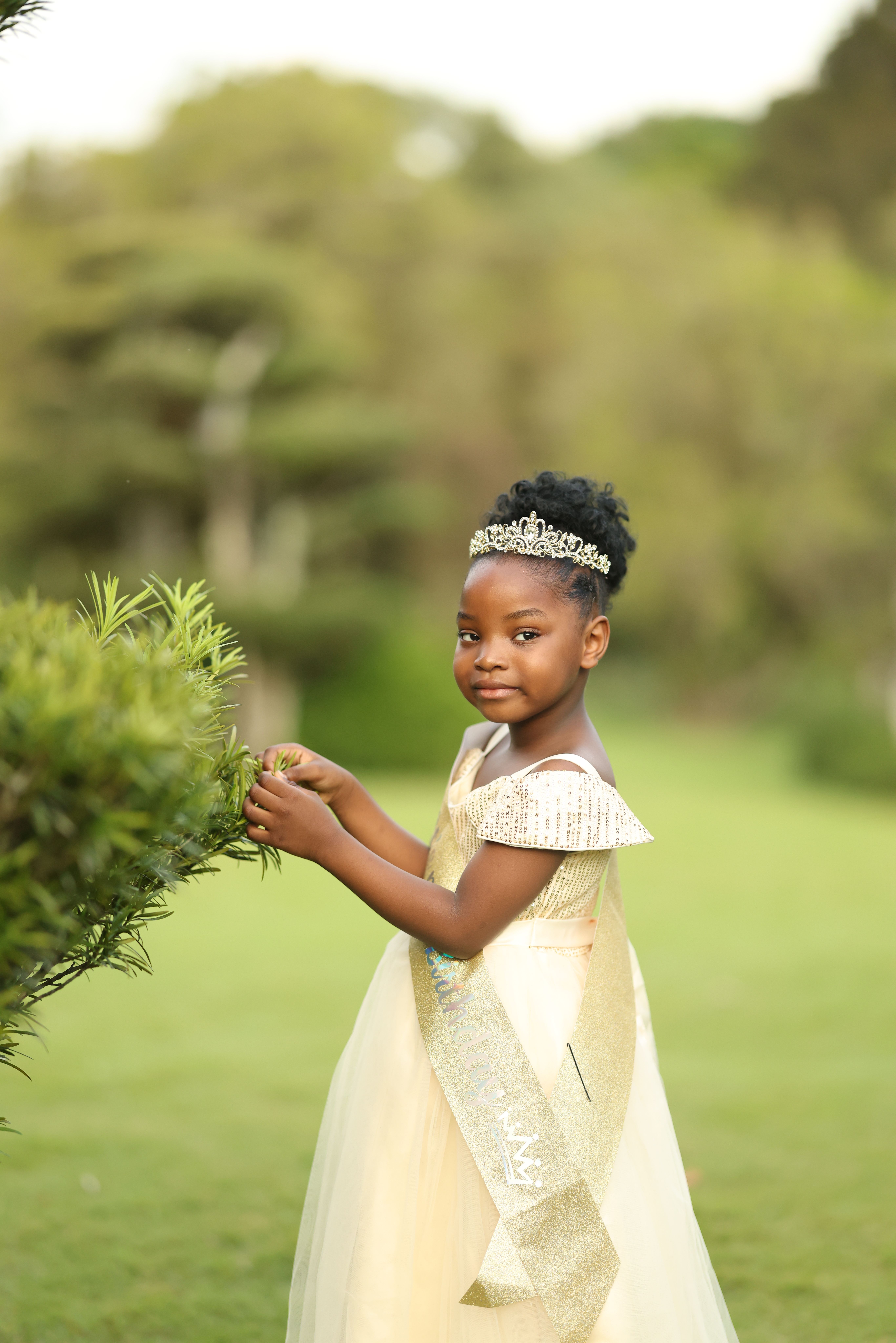A young girl in a princess dress with a tiara in a sunny garden setting.