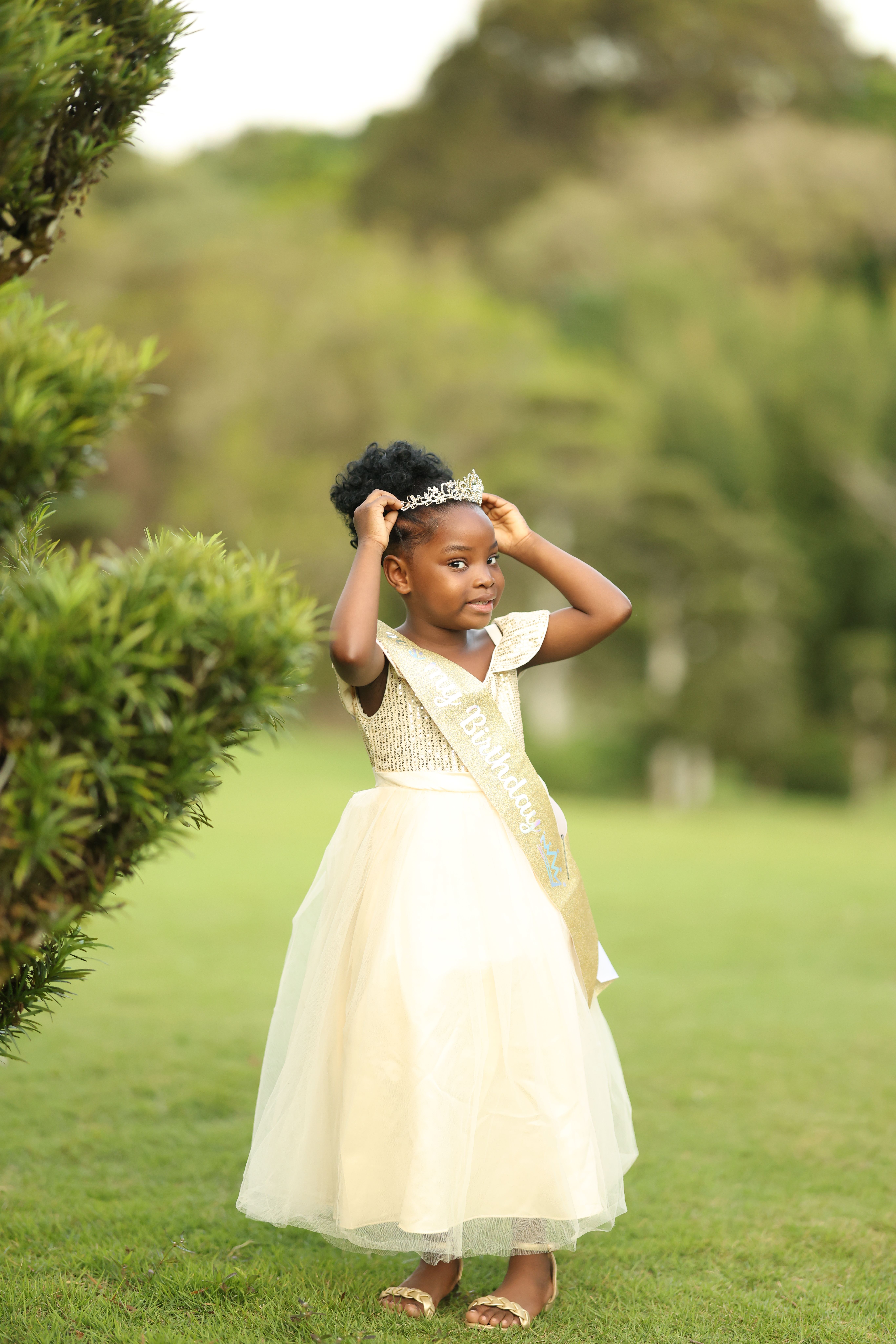 A young girl in a white dress with a crown and sash, standing outdoors in a green park.