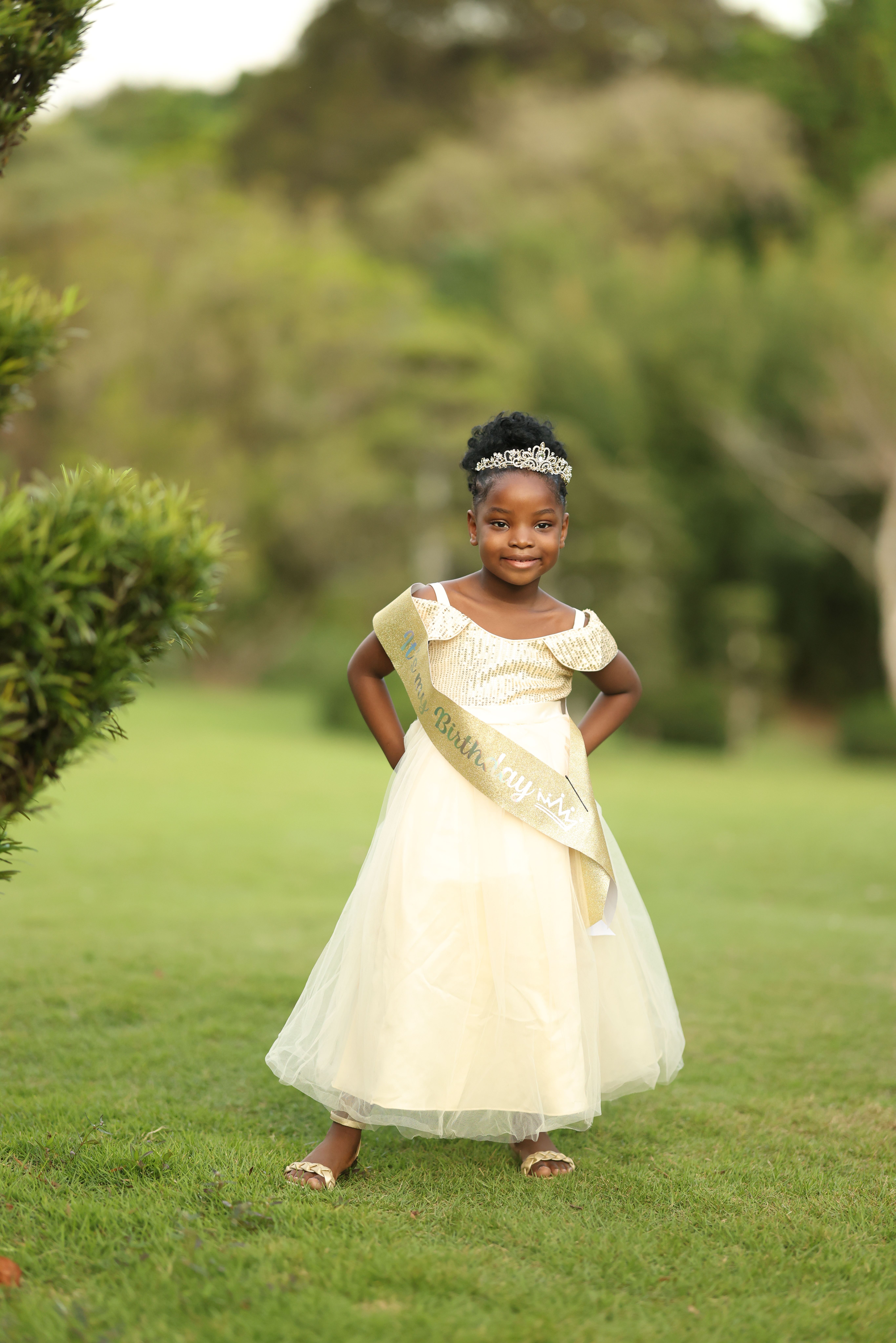Adorable young girl wearing a white dress and tiara, posing outdoors on a sunny day.