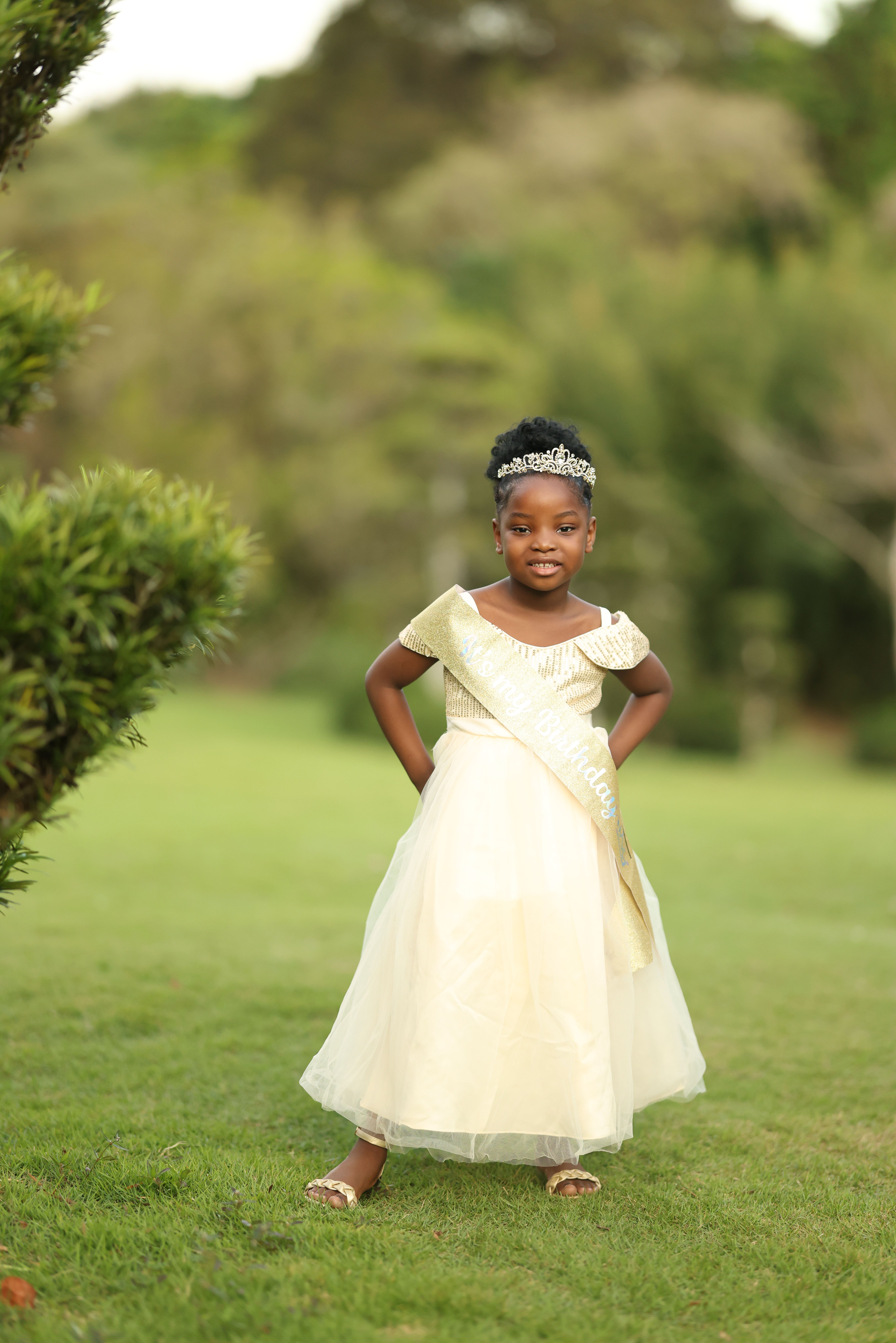 Charming black girl in a white princess dress with tiara posing outdoors in a garden.