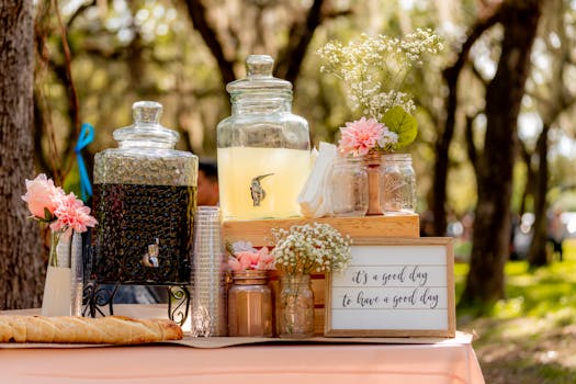 为庆祝活动，乡村户外饮料桌上摆放了柠檬水和鲜花