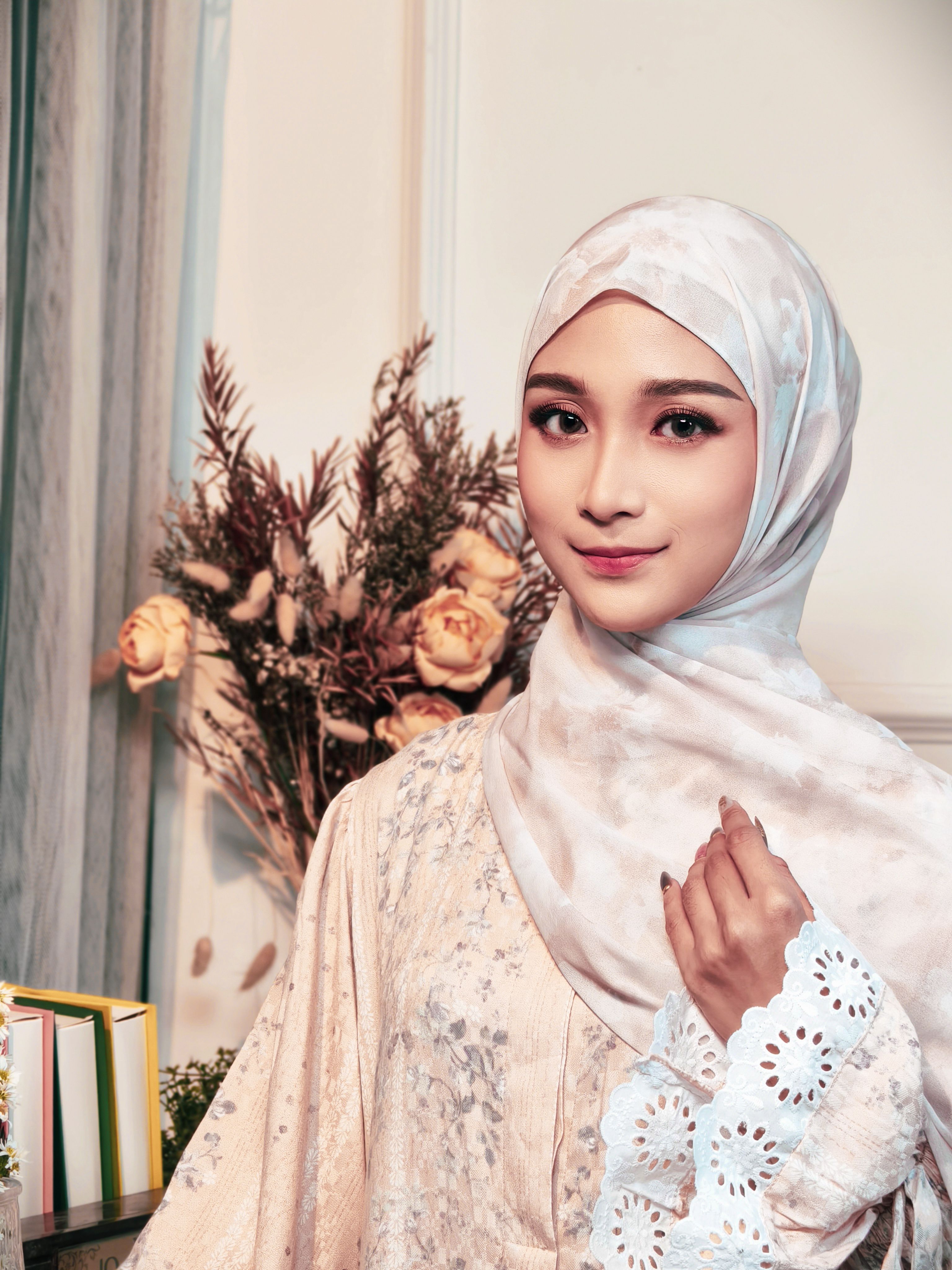 Elegant Portrait of Woman in Hijab with Floral Background · Free Stock ...