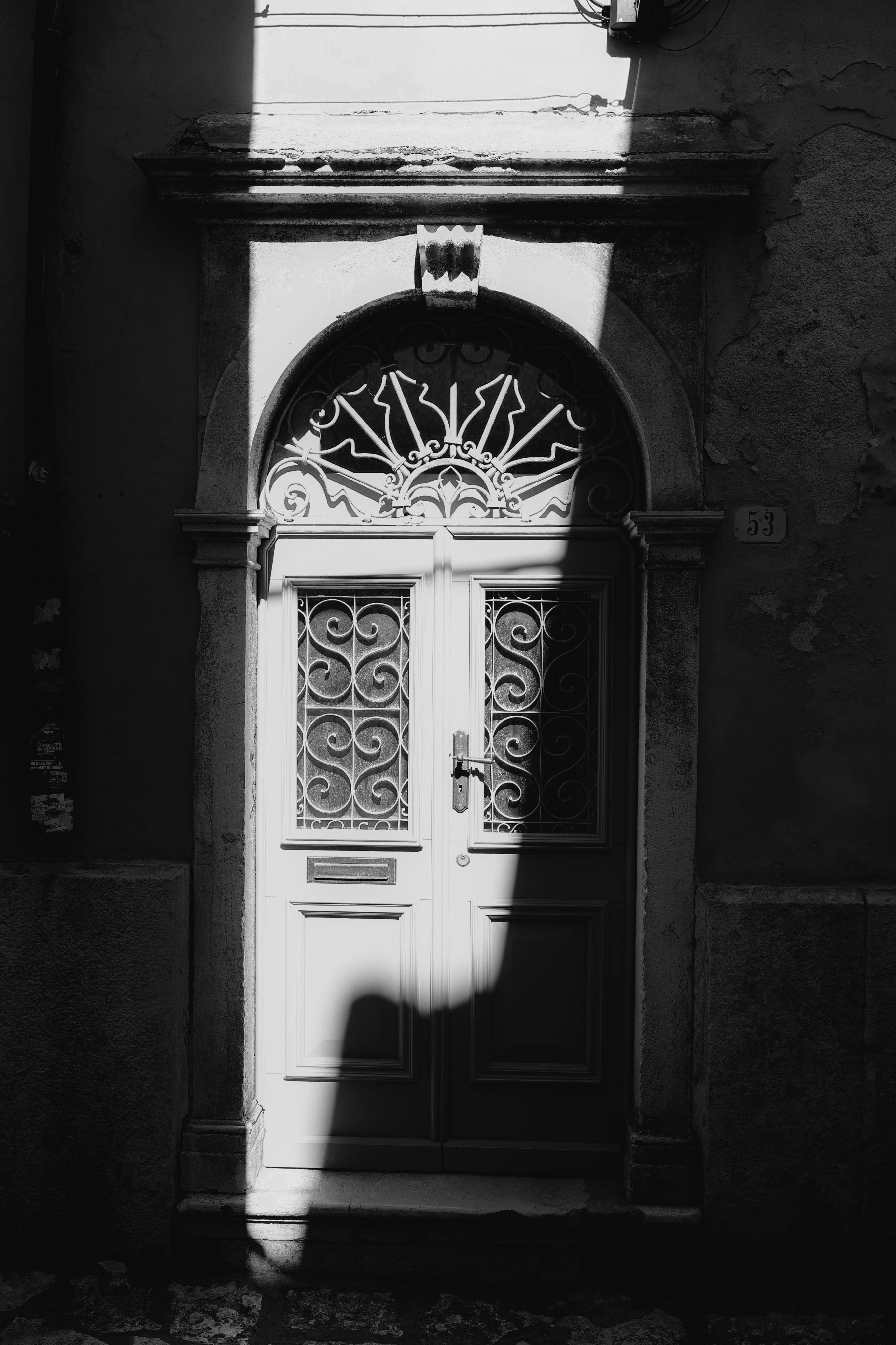 Black and white photo of ornate door with dramatic shadow and sunlight contrast.