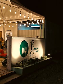 Cozy outdoor dining area in Bengaluru with warm lights and atmospheric ambiance at night.