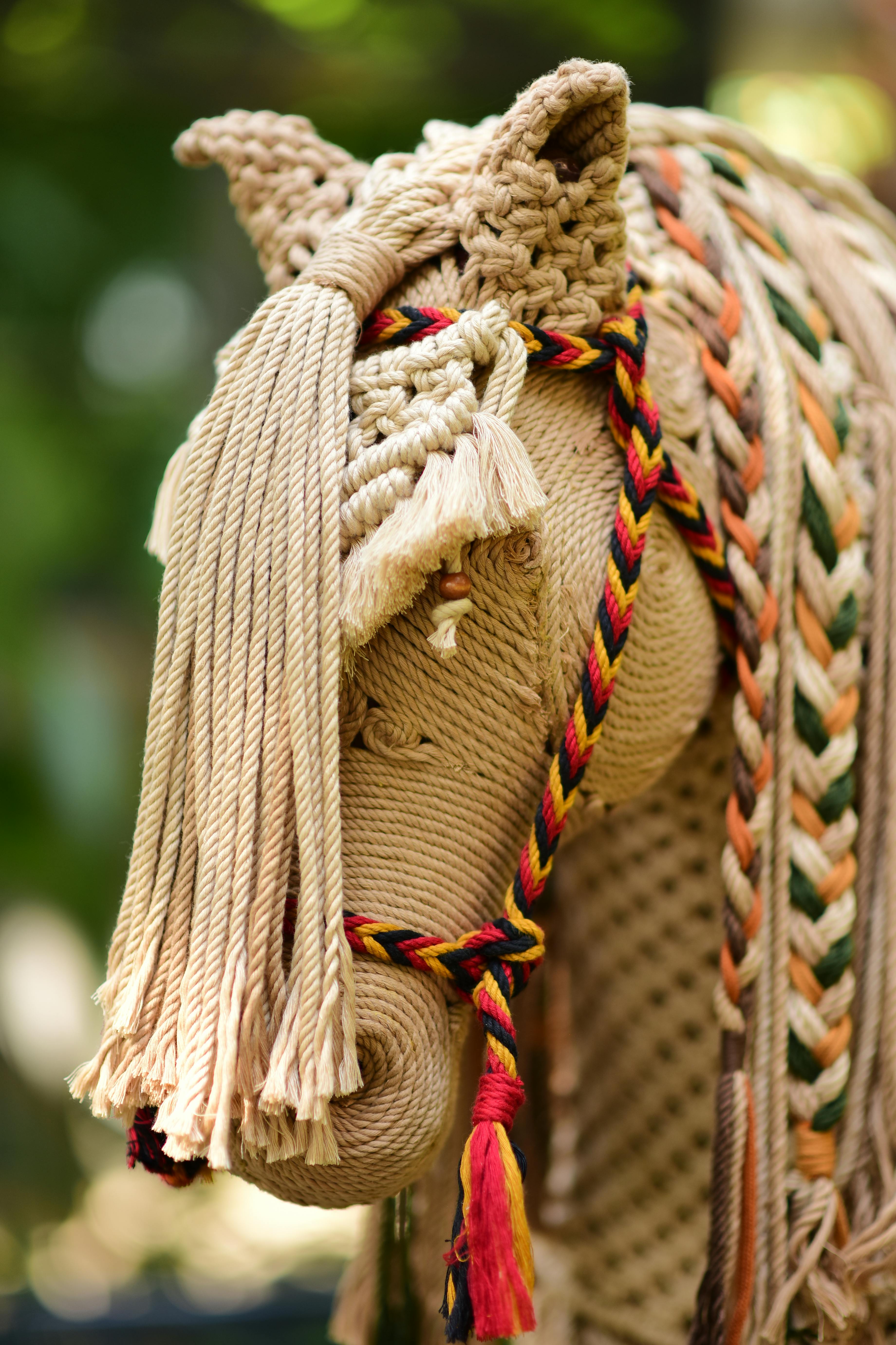 бесплатная Детальный вид скульптуры лошади, выполненной вручную в технике макраме и украшенной замысловатыми узловыми узорами. Стоковое фото