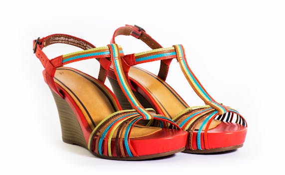 Vibrant red wedge heel sandals with multicolor straps, perfect for summer fashion.