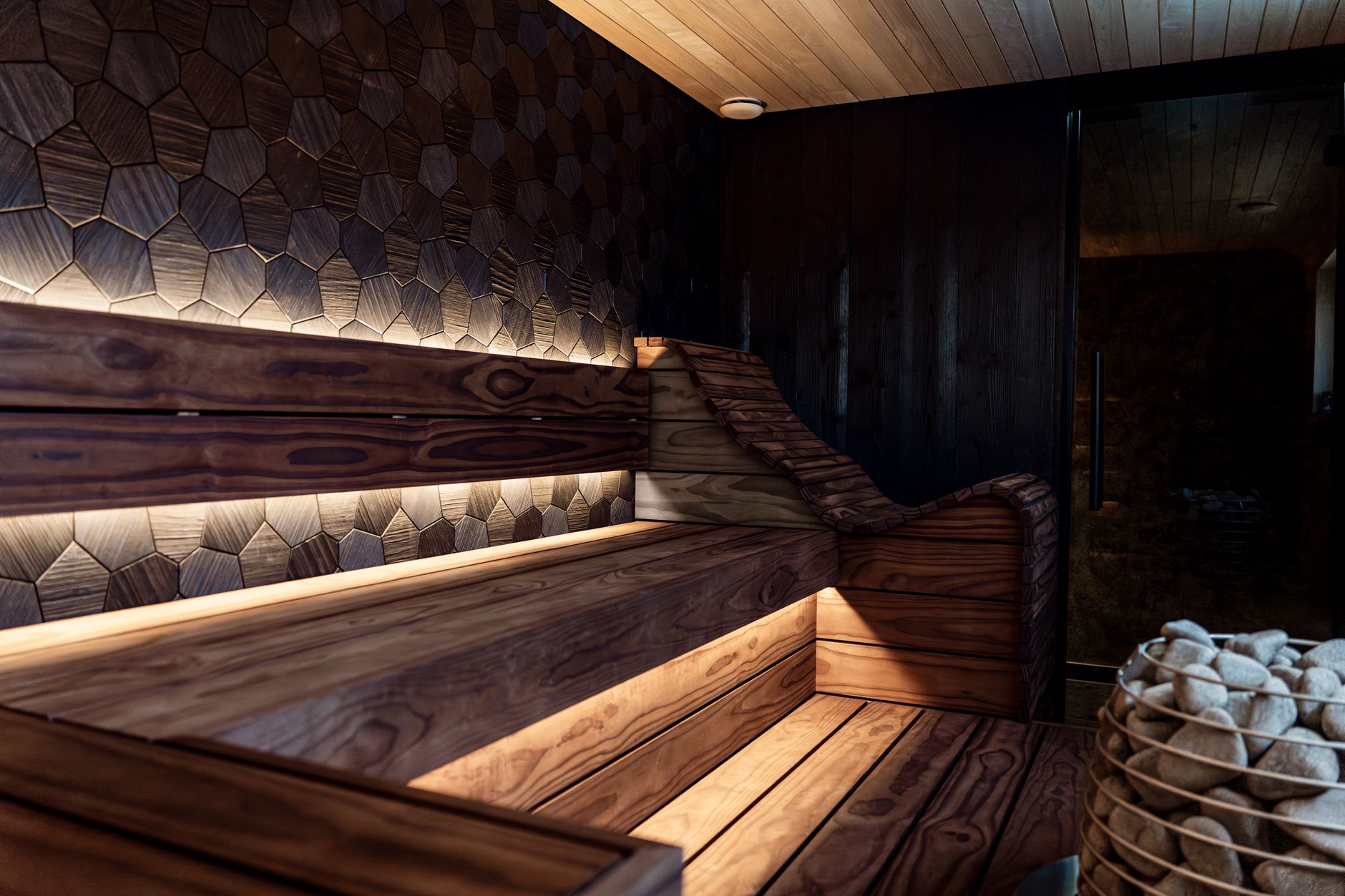 Modern indoor sauna with LED lighting and wooden design