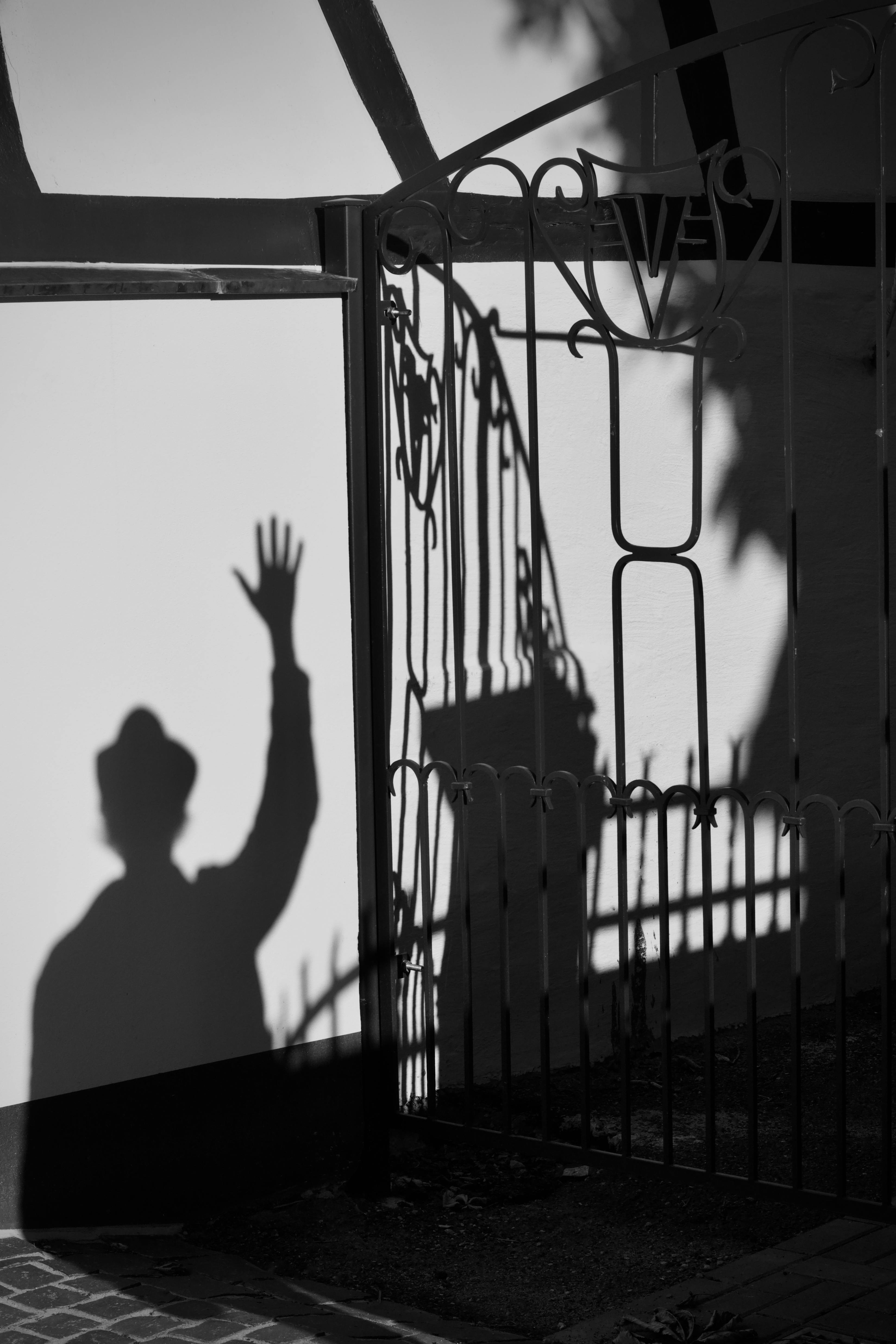 Δωρεάν Μια σκιά ενός ατόμου που κουνούσε το χέρι του έπεσε πάνω σε μια διακοσμητική σιδερένια πύλη, δημιουργώντας μια μυστηριώδη ατμόσφαιρα. Φωτογραφία από στοκ φωτογραφιών