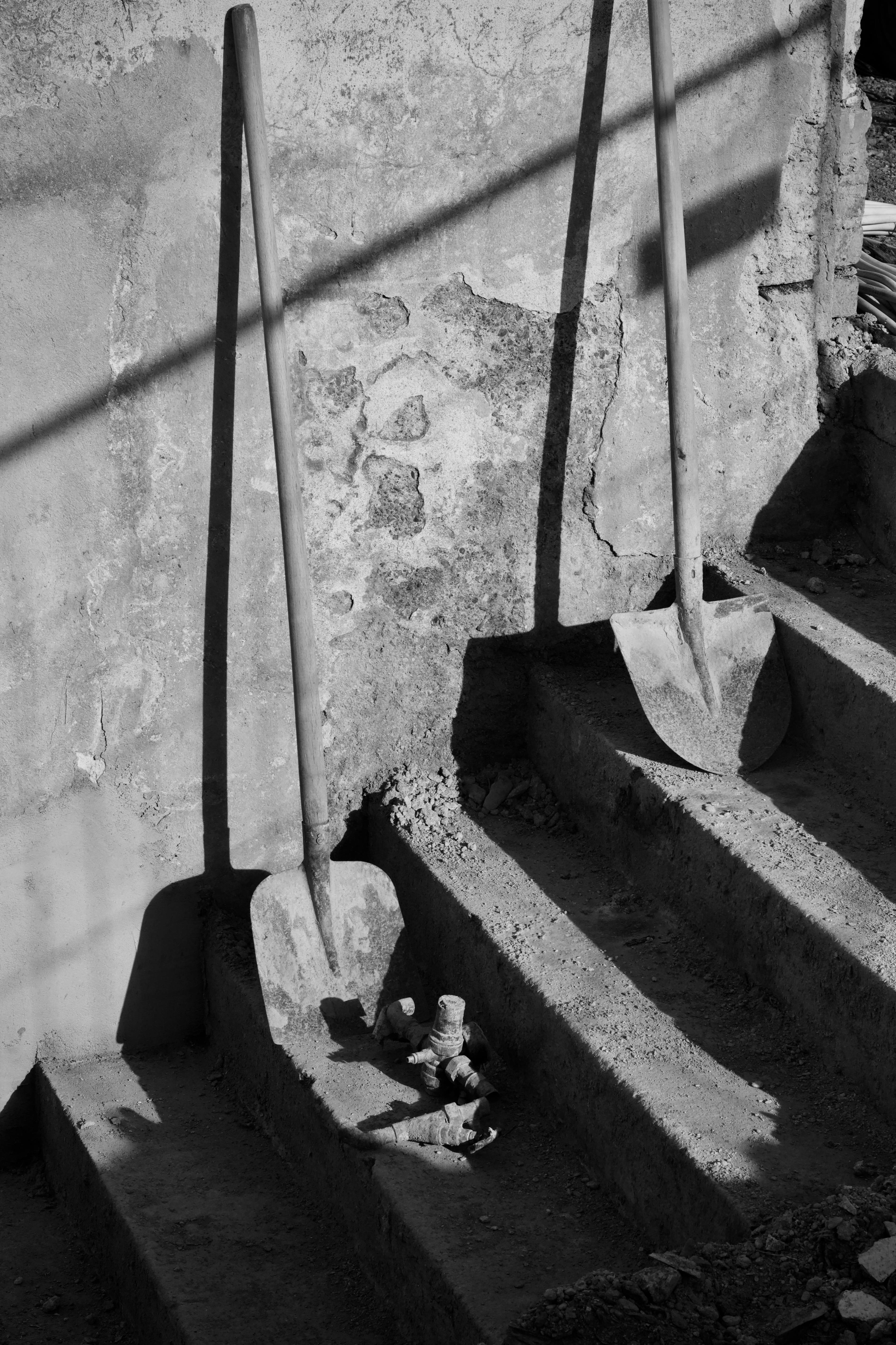 Gratis Immagine artistica in bianco e nero di pale che proiettano ombre sui gradini di cemento alla luce del sole. Foto a disposizione