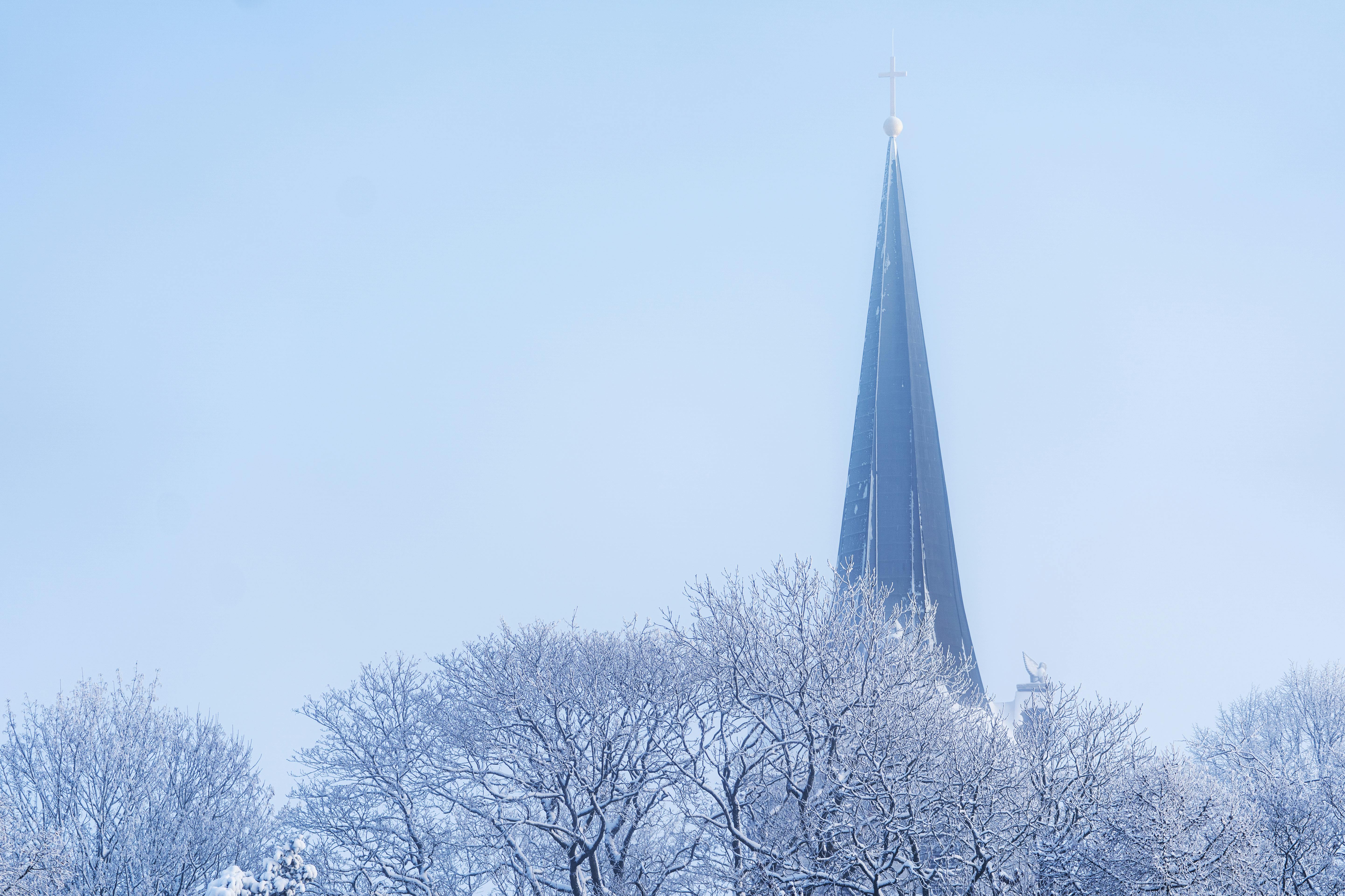 Zadarmo Malebný zimný pohľad na kostolnú vežu týčiacu sa nad zasneženými stromami na pozadí jasnej modrej oblohy. Fotka z fotobanky