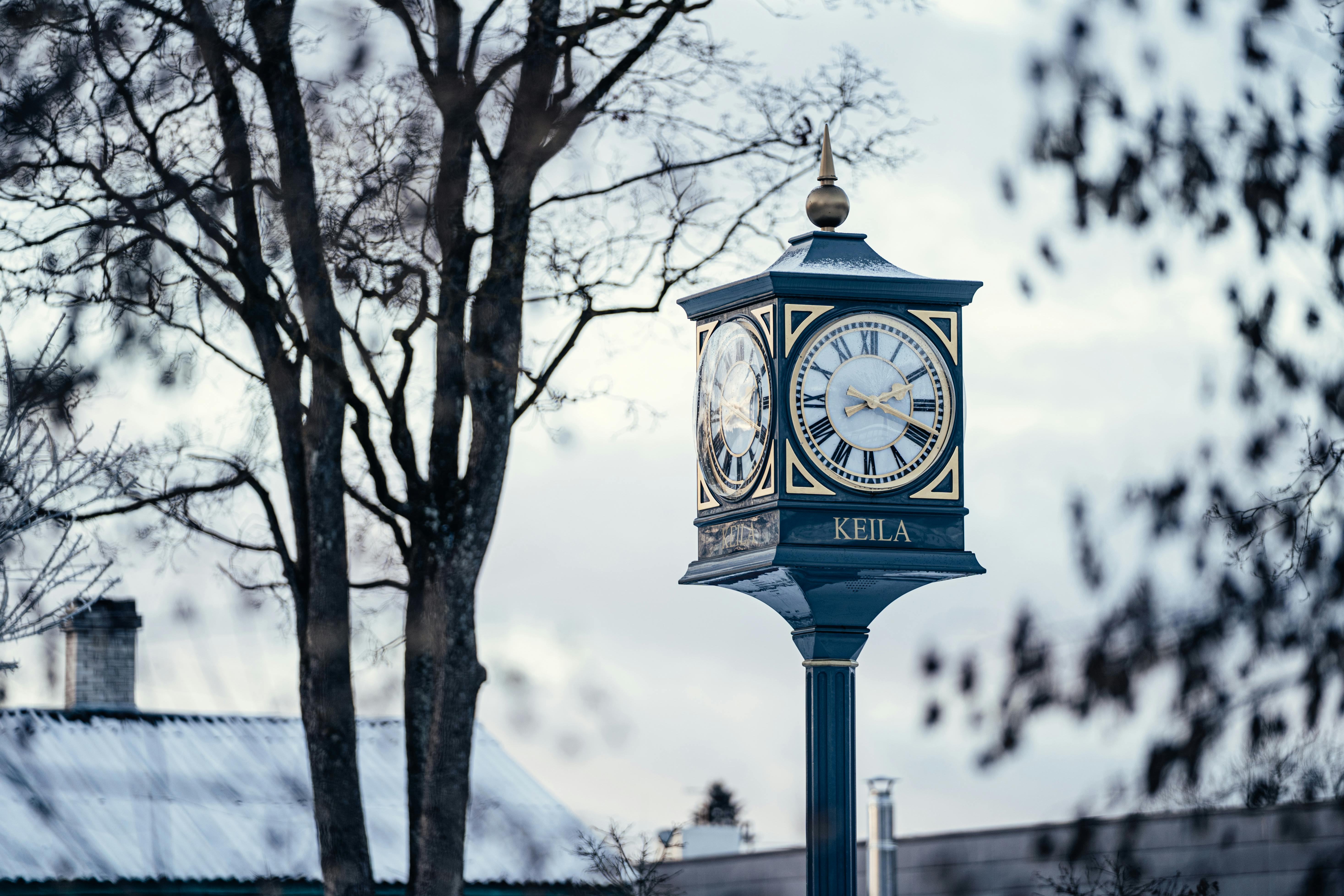 Elegant clock tower amidst winter trees in Keila, Estonia, capturing a serene blue hour.