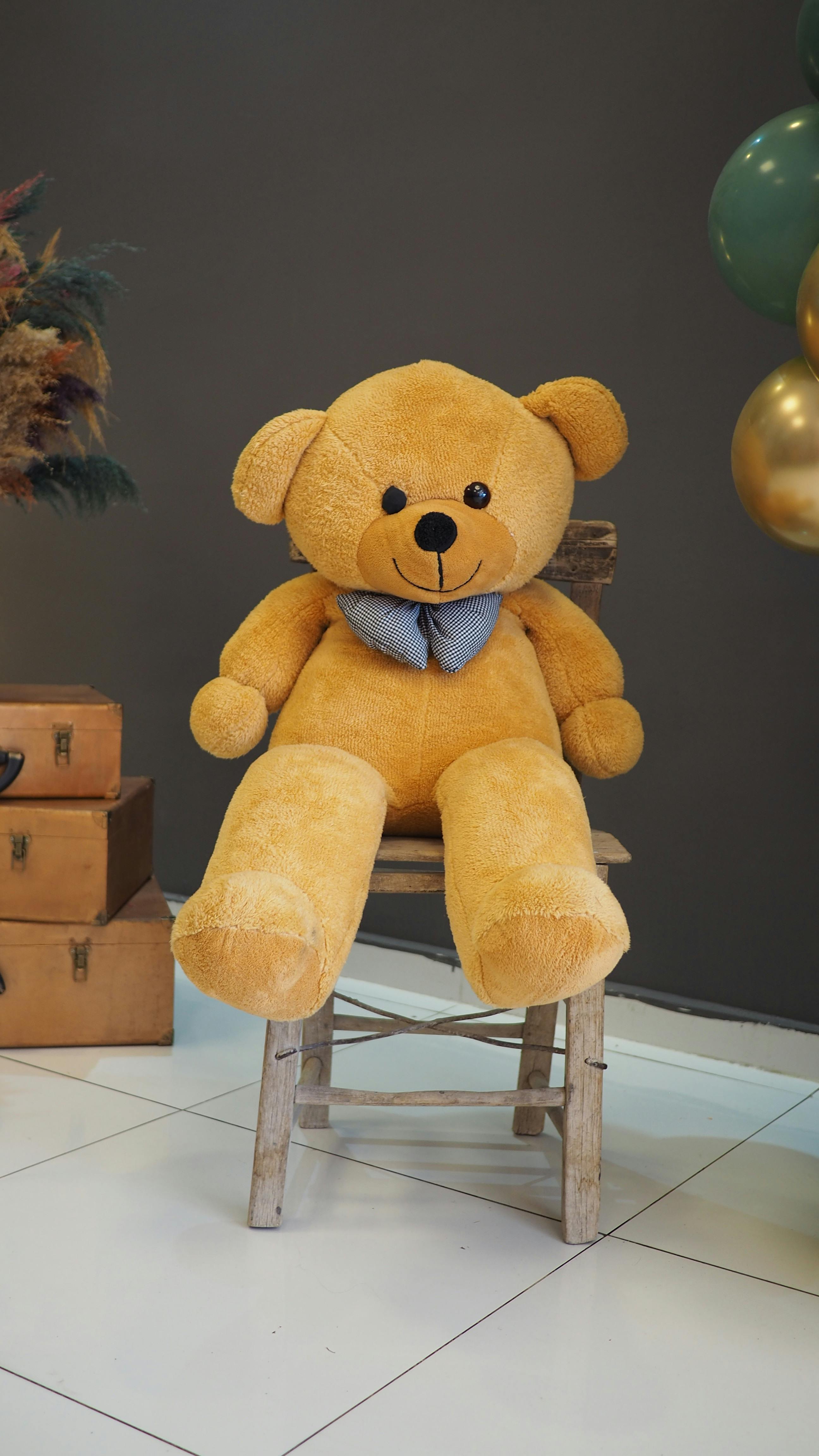 gratis Een schattige, grote teddybeer zit op een rustieke houten stoel, versierd met ballonnen en bagage. Stockfoto