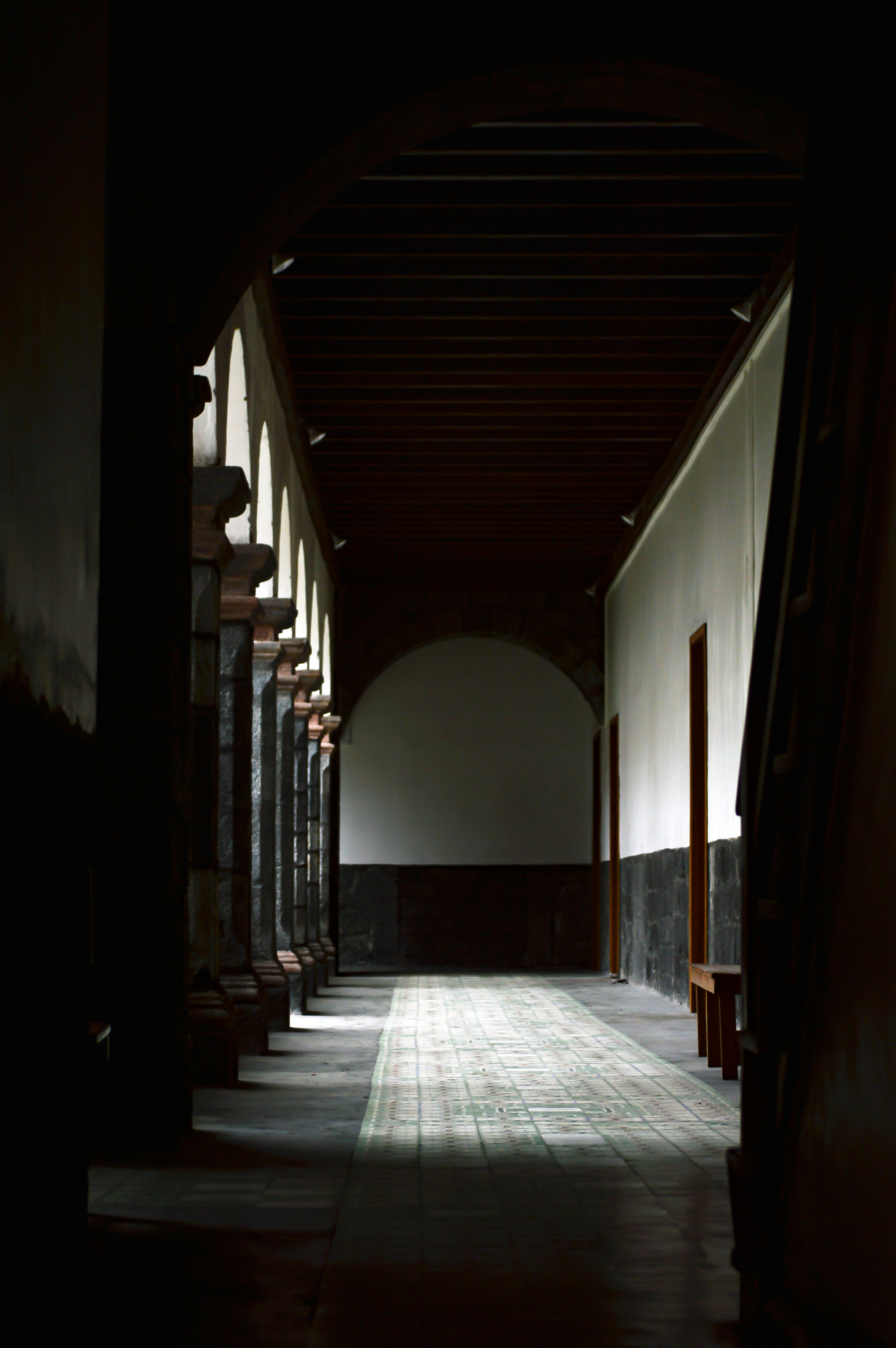 Kostnadsfria Dramatisk inomhuskorridor med valv och mjuk belysning som kastar skuggor. Stock foto