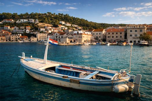 Traditional fishing boat docked in a picturesque Croatian village harbor under a clear sky.