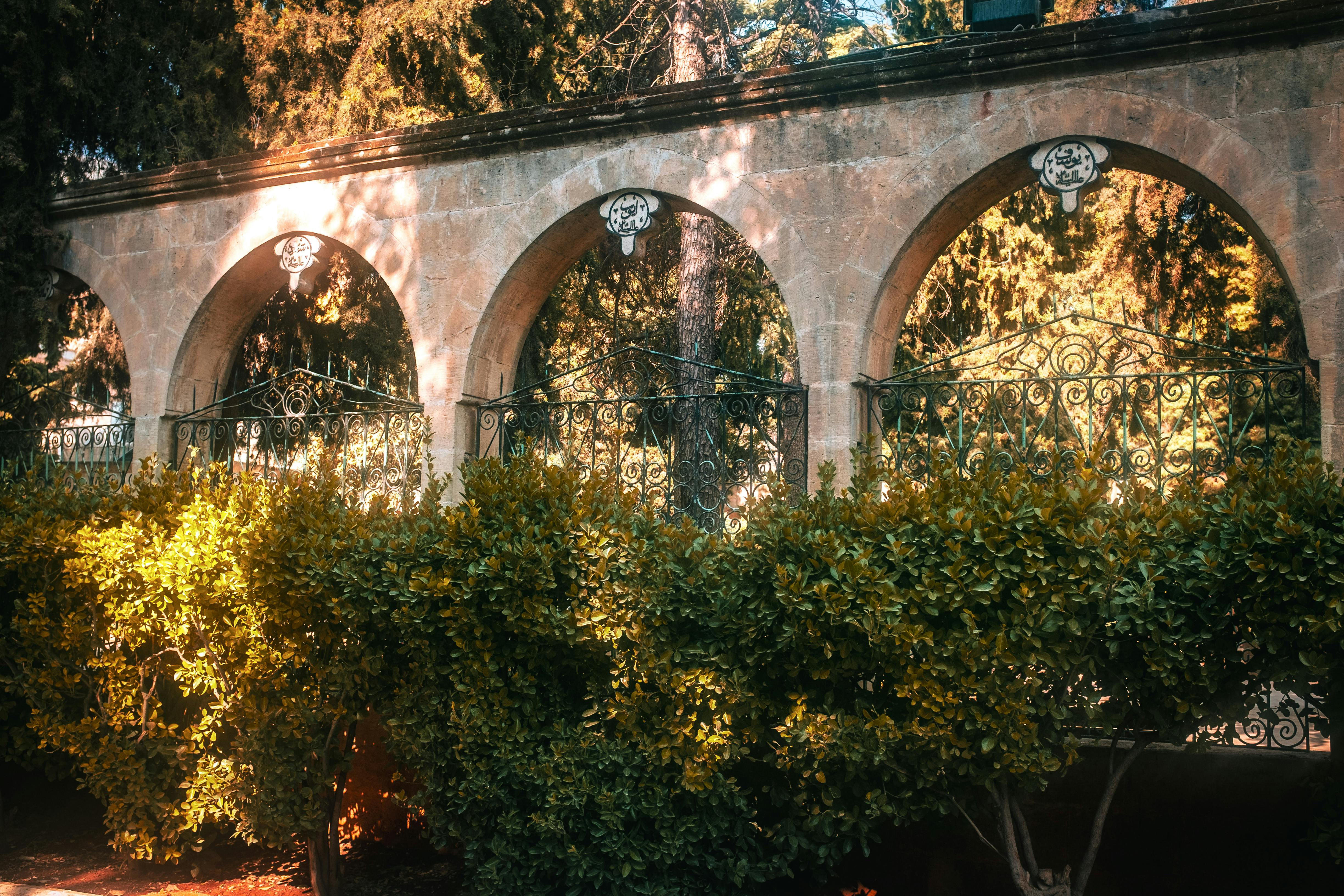 Gratuit Arcade frumoase din piatră cu fier forjat ornamentat, amplasate într-o grădină însorită cu verdeață luxuriantă. Fotografie de stoc