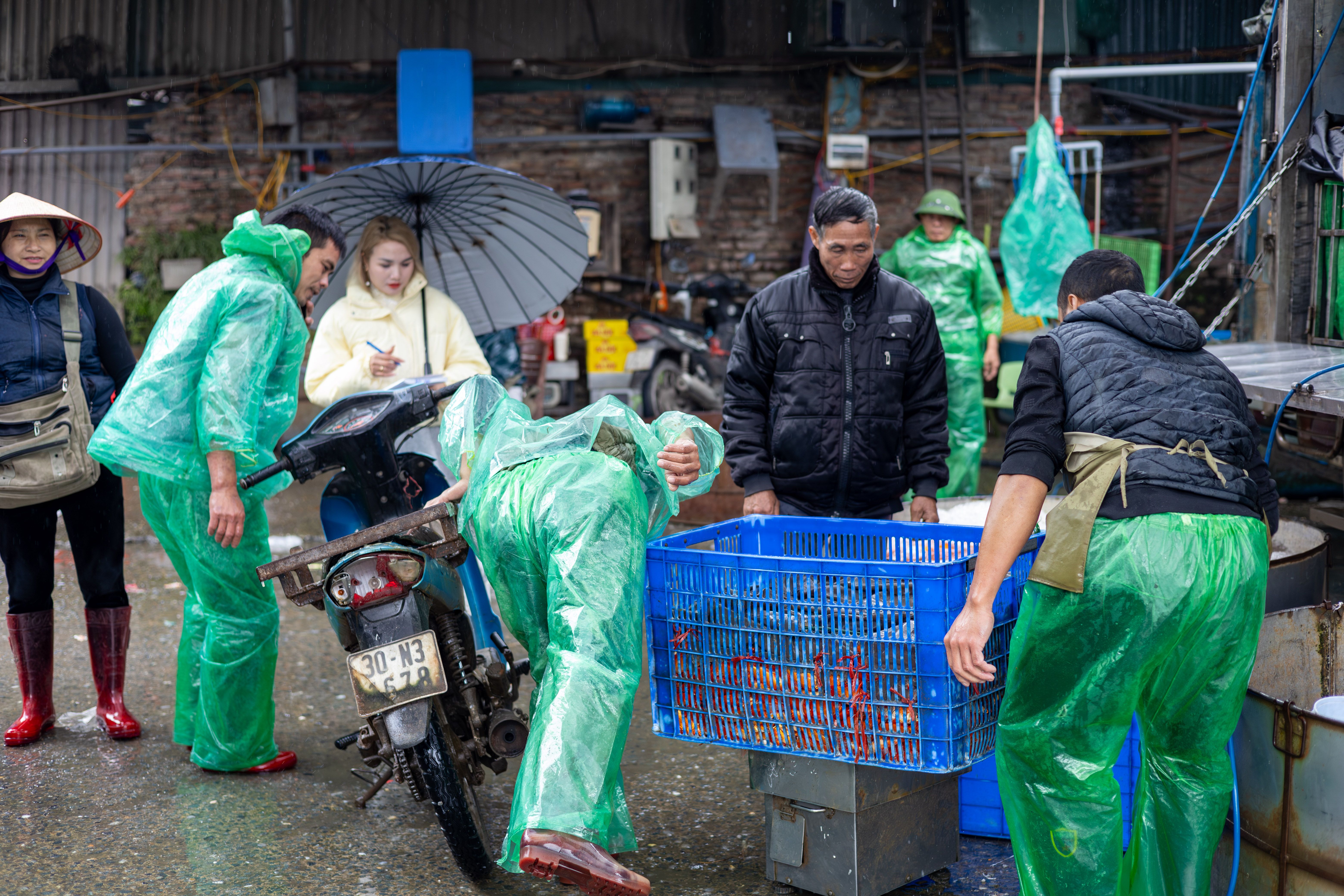 Vibrant scene of a rainy day at a fish market in Hanoi, Vietnam with locals working.