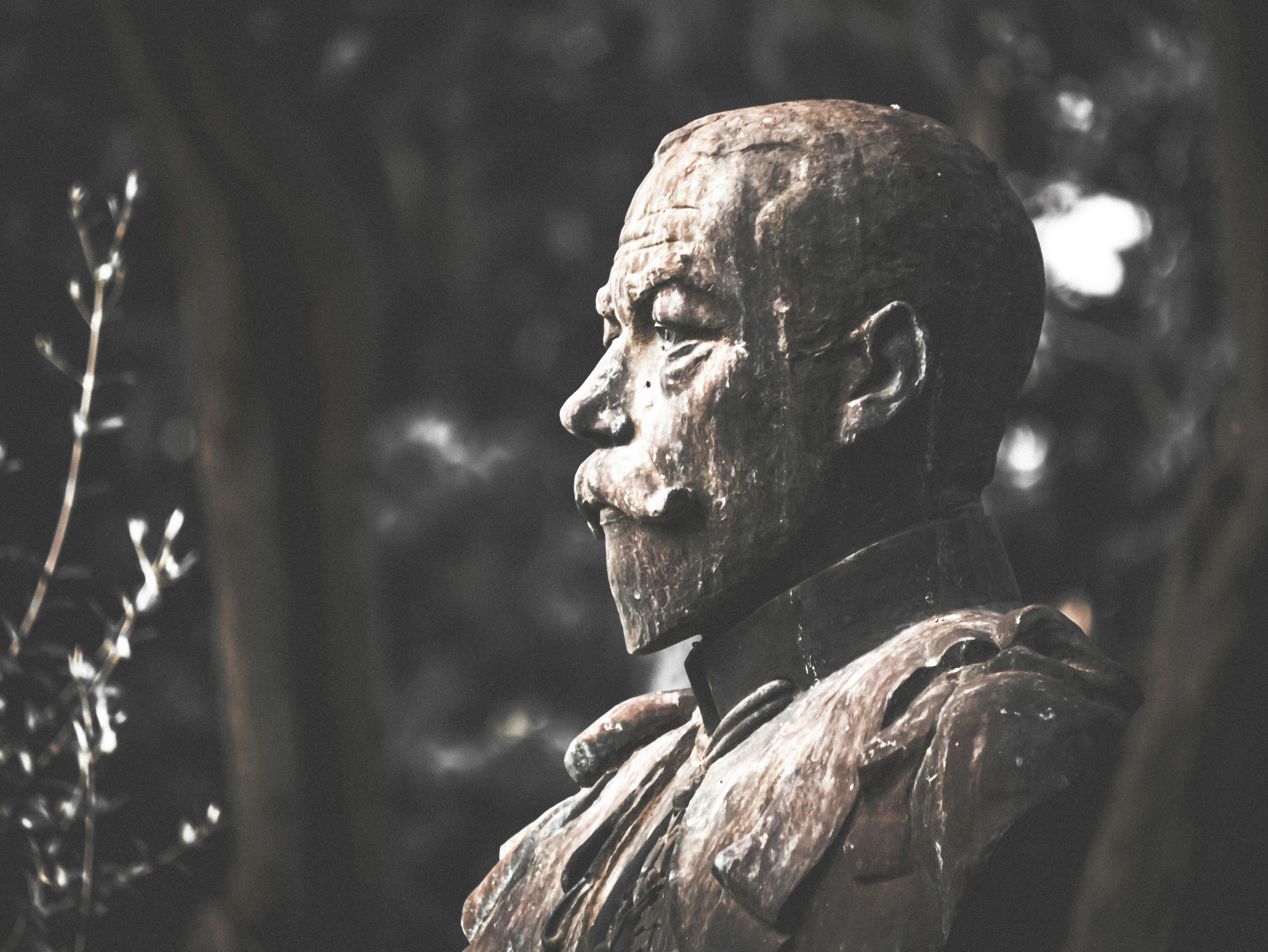 Ücretsiz Dış mekanda sergilenen bir büst heykelinin, yıpranmış dokusunu vurgulayan çarpıcı bir siyah beyaz fotoğrafı. Stok Fotoğraflar