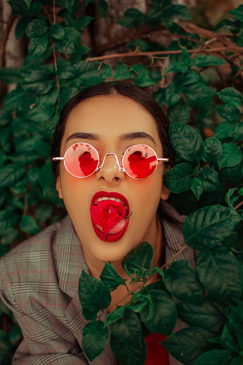 Woman With Flower in her Mouth Wearing Sunglasses