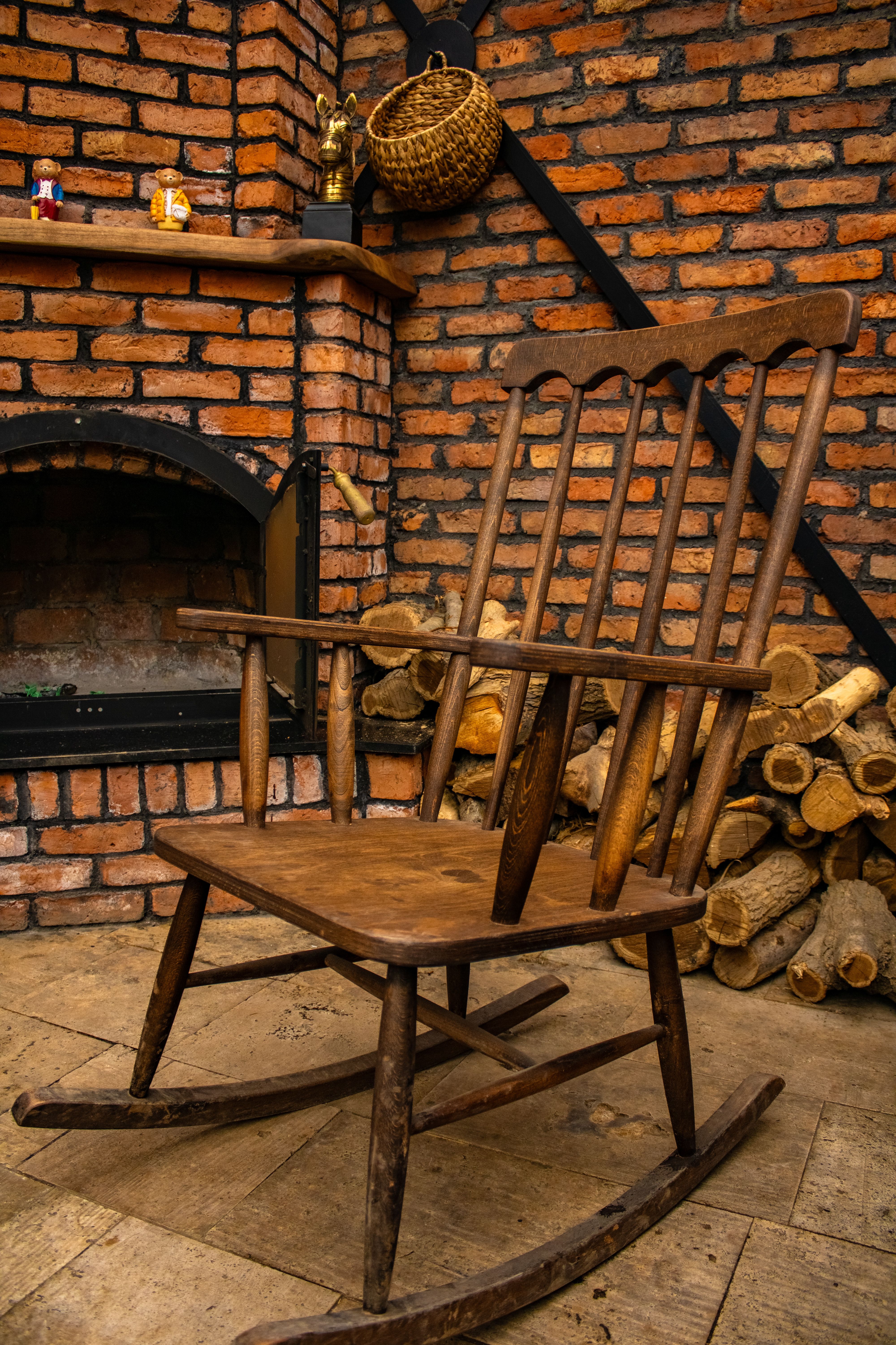 Vintage Wooden Rocking Chair by Rustic Fireplace · Free Stock Photo