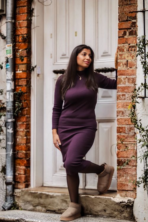 purple sweater dress with brown boots Woman in Sitting on Doorstep · Free Stock Photo AugFinalFew Iron low heat. Square Neck Velvet Gown Color:Dusty Rose
