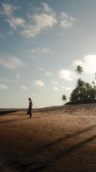 A lone person walks along a tranquil tropical beach at sunset, surrounded by palm trees and soft light.