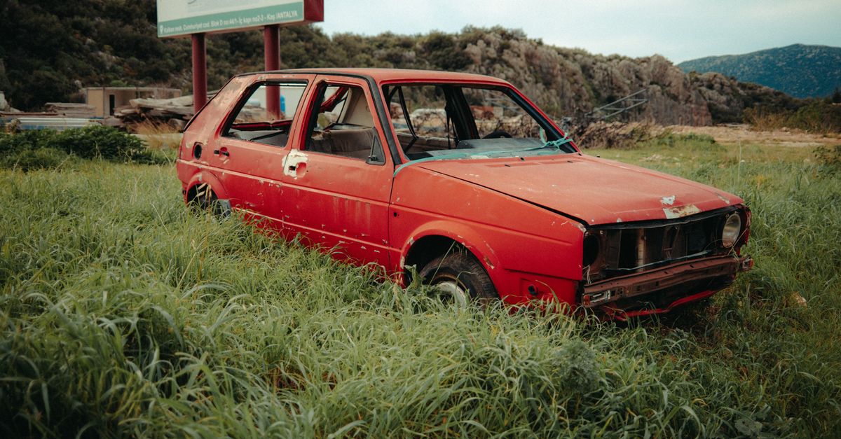 An old, rusting red car abandoned in a lush, overgrown grassy field under a cloudy sky.