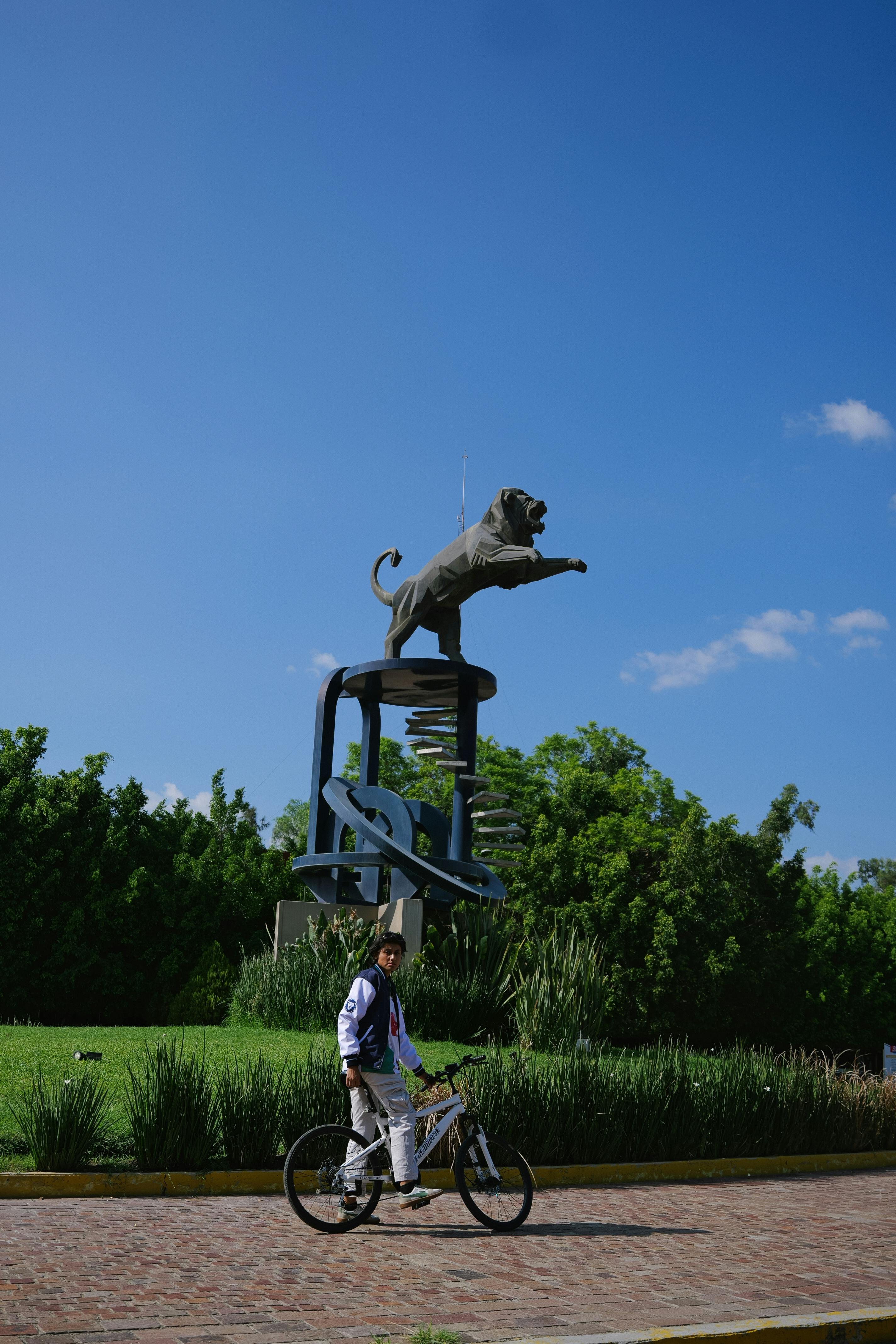A young man on a bike passing a lion statue under a clear blue sky in León, Mexico.
