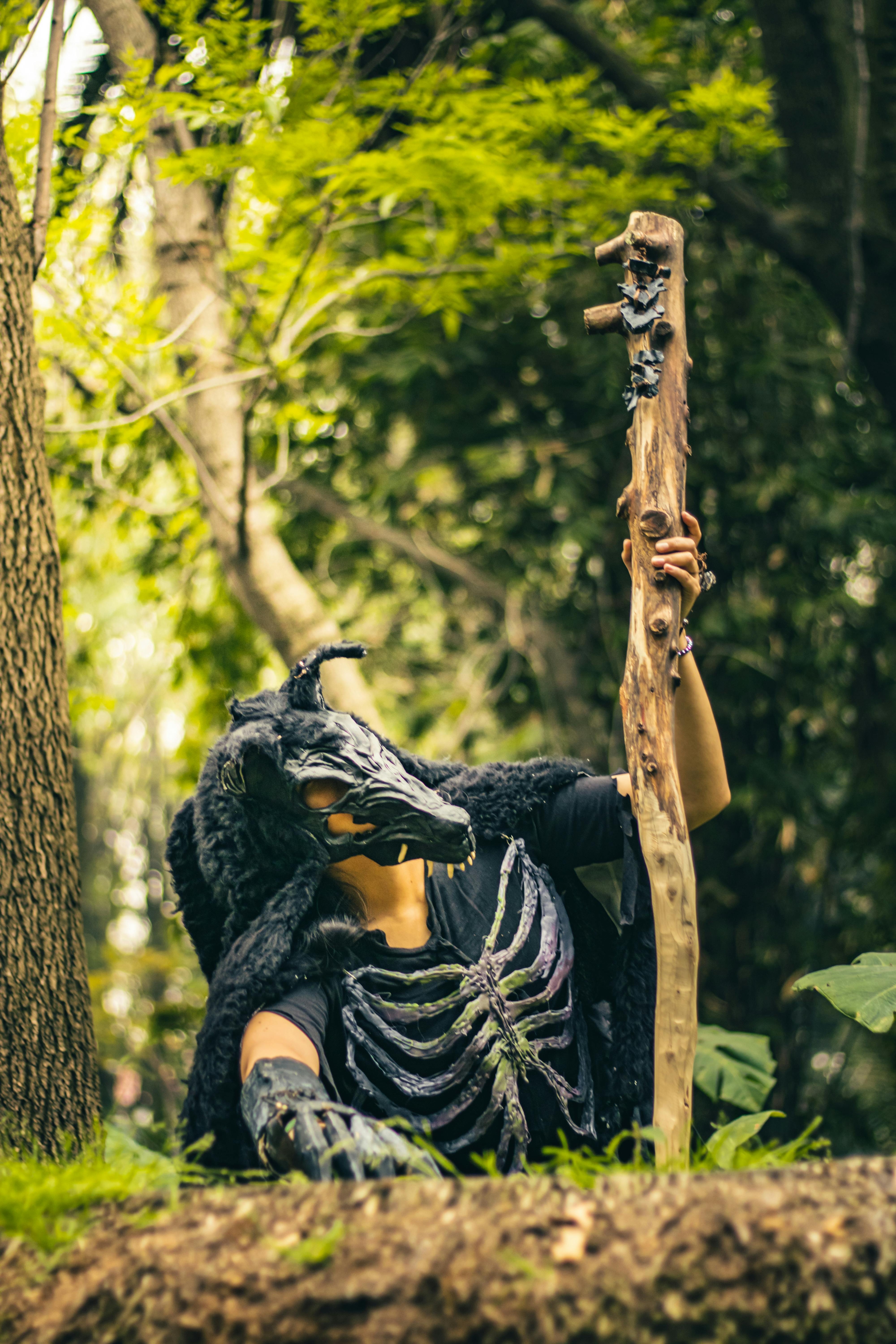 gratis Cosplay-artiest in een drakenkostuum met een staf in de hand in een weelderig bos. Stockfoto