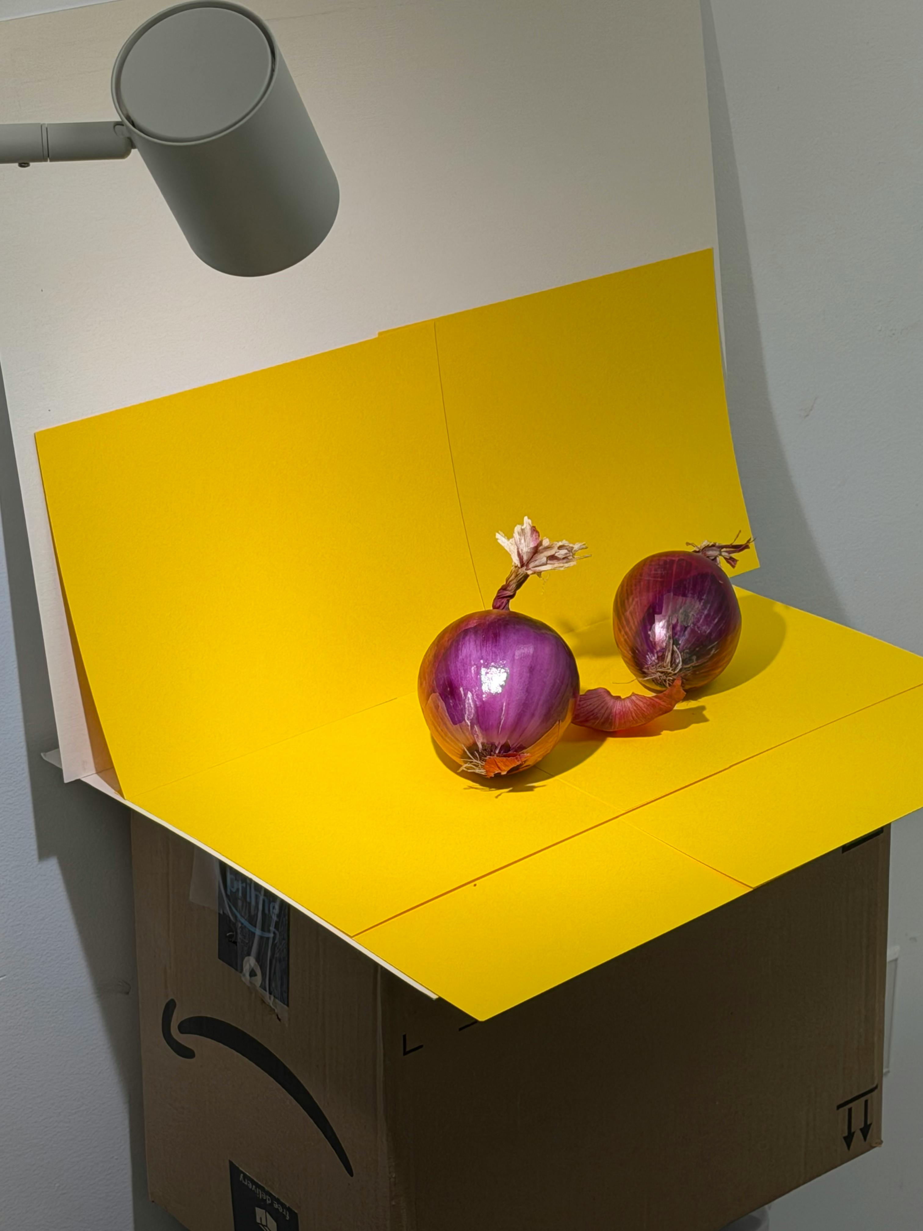 gratis Felrode uien op een gele achtergrond, in een thuisstudio-opstelling. Stockfoto