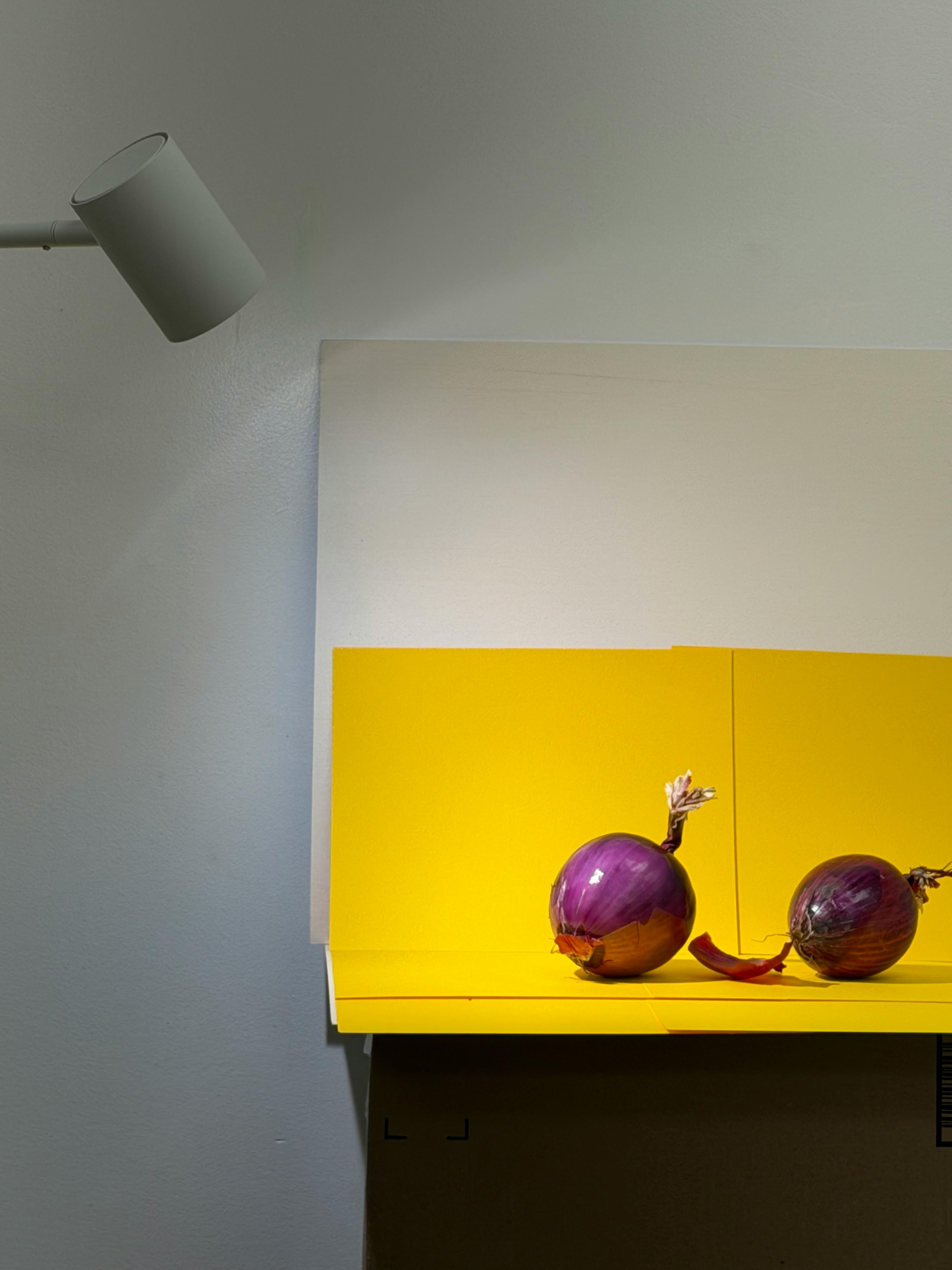 Gratuit Un aranjament colorat care prezintă ceapă roșie pe un fundal galben vibrant, sub iluminare de studio. Fotografie de stoc