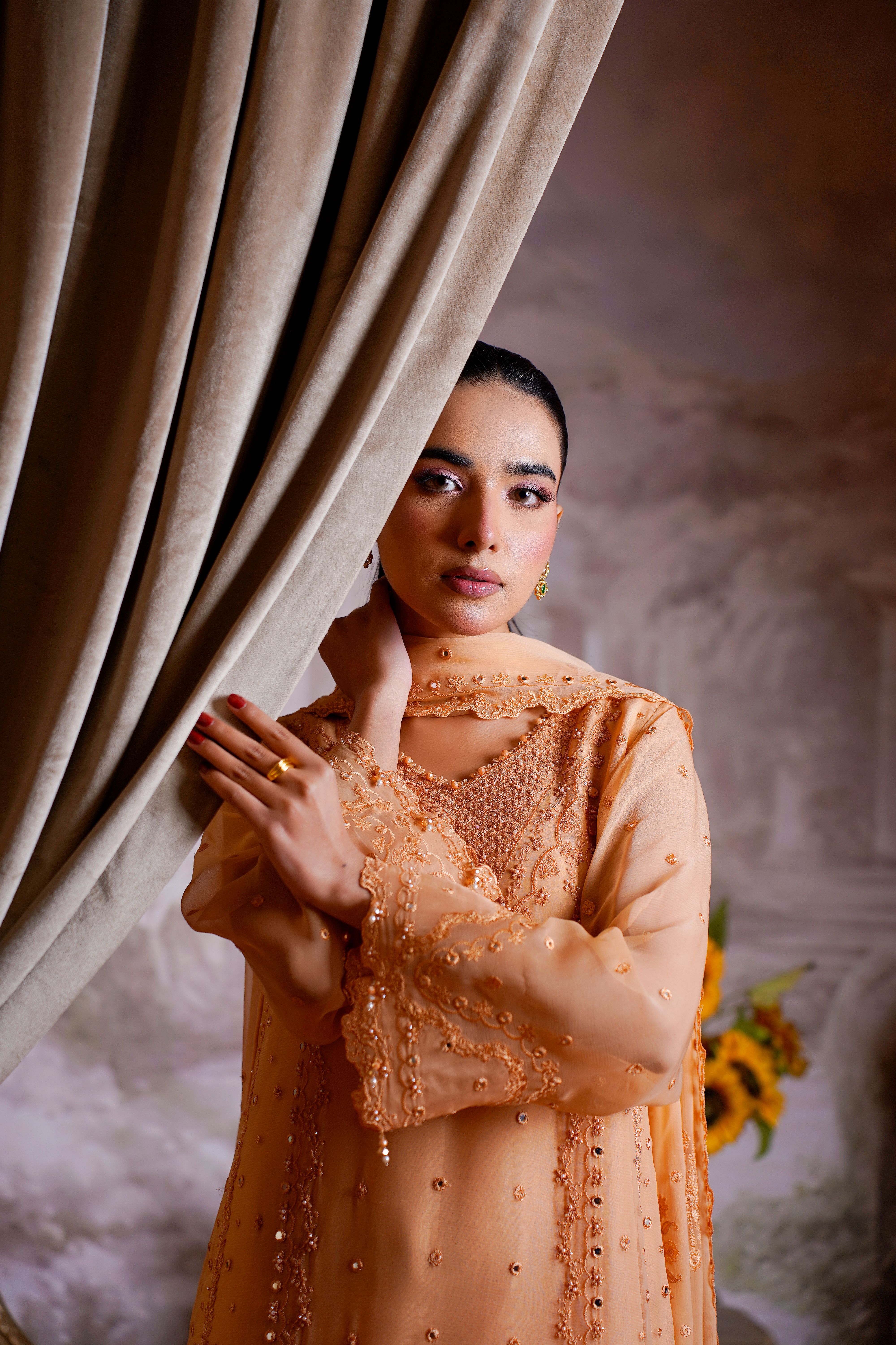 A stunning portrait of a woman in traditional eastern attire in Lahore, Pakistan.