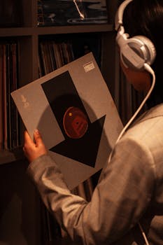 A woman wearing headphones inspects a vinyl record in a Tokyo music shop.