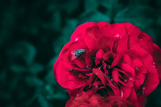 Close-up of a common fly resting on a vibrant red rose with water droplets, capturing nature's detail and color contrast.