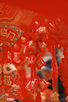 Red Chinese New Year decorations with intricate gold patterns celebrating festivity.