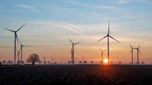 Free A serene sunset over wind turbines in Koningsbosch, Limburg, Netherlands. Stock Photo