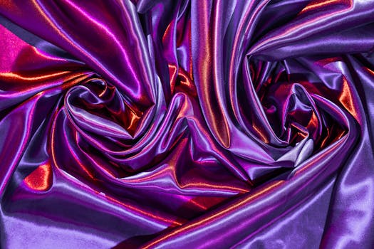 Shining purple and red silk fabric folds create a vibrant abstract pattern with a luxurious feel.