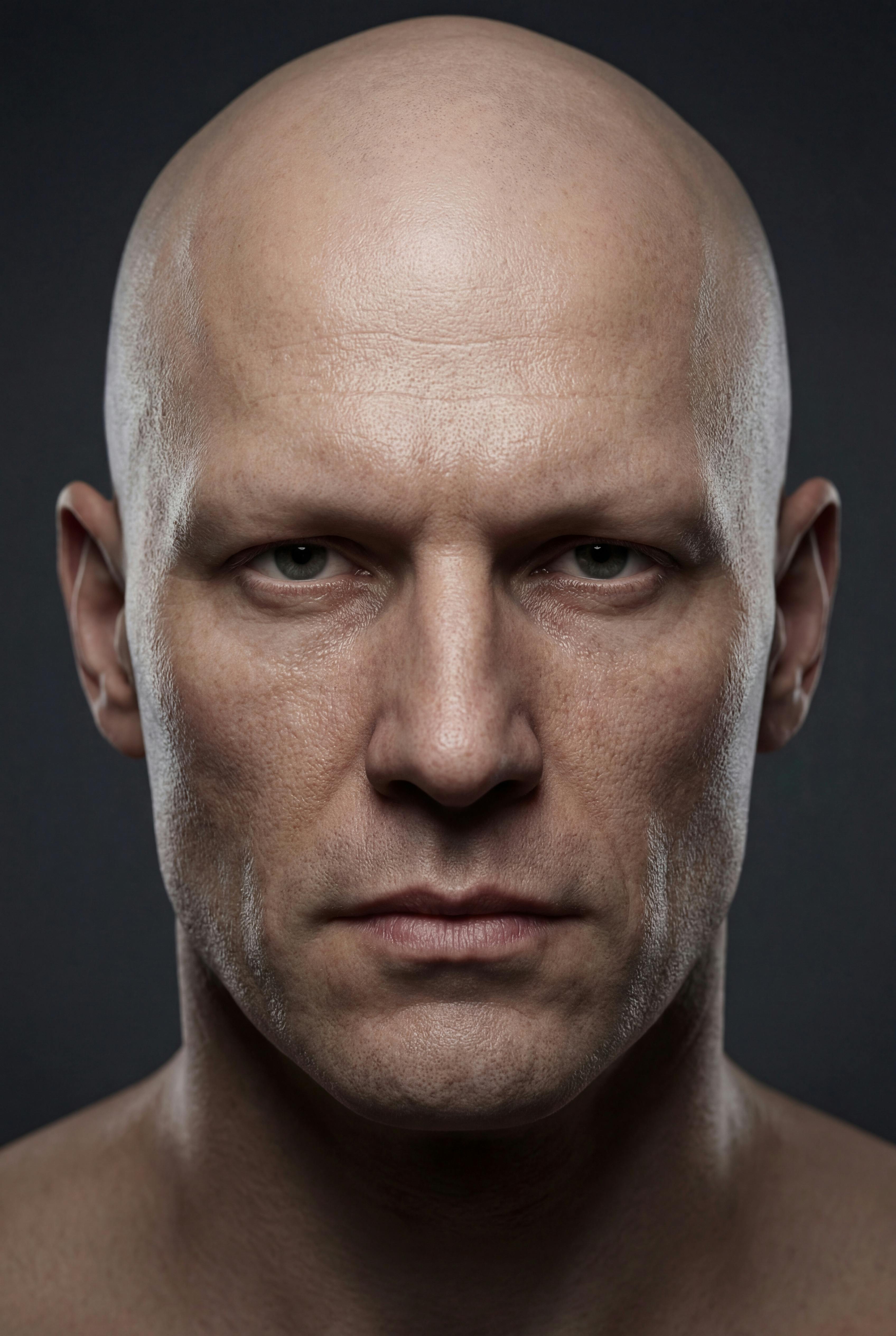 Close-up portrait of a bald man with intense gaze and serious expression.