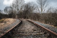 Curved Railway Tracks Through Bare Winter Trees