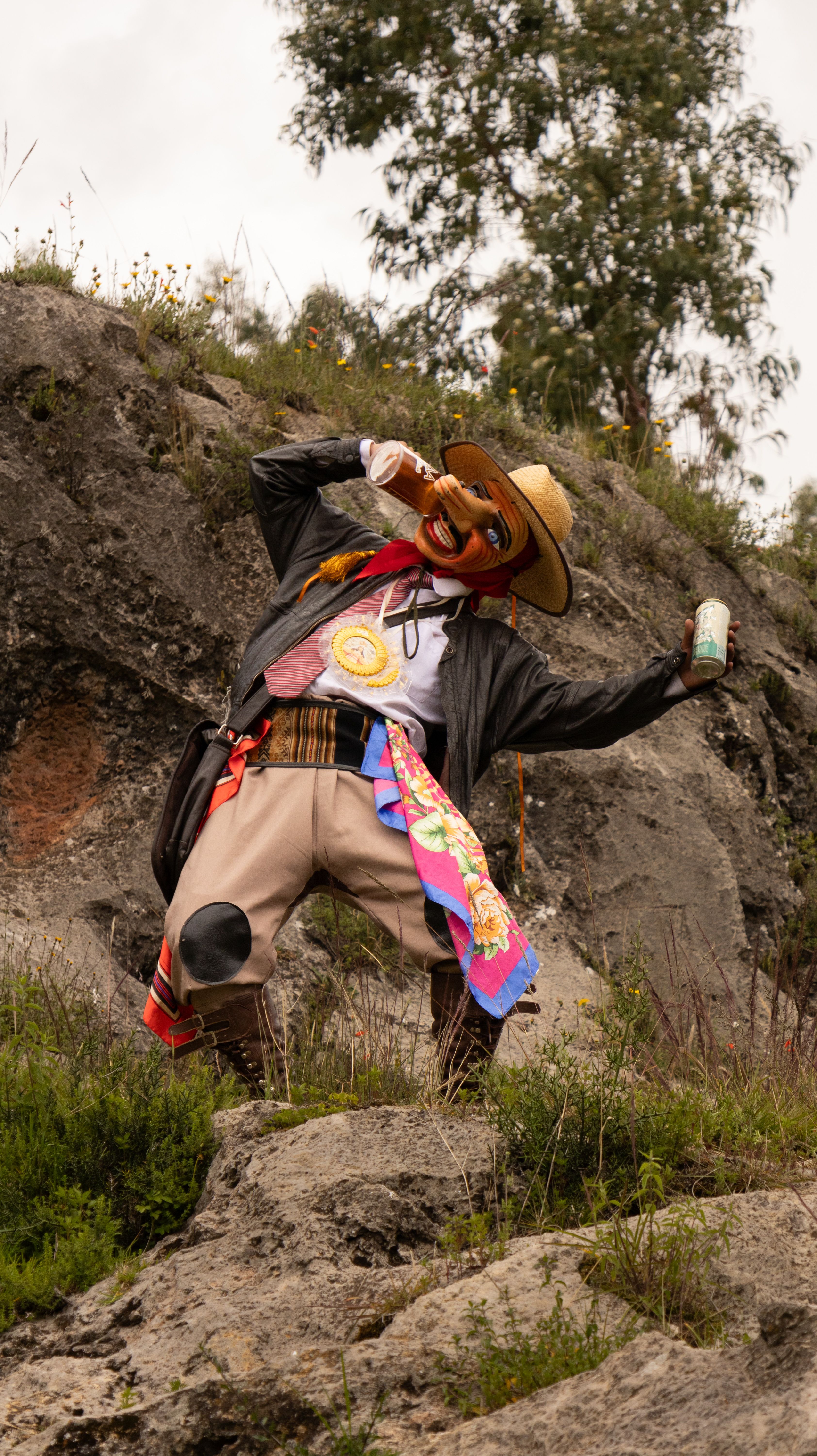 Traditional Costume Character on Rocky Terrain